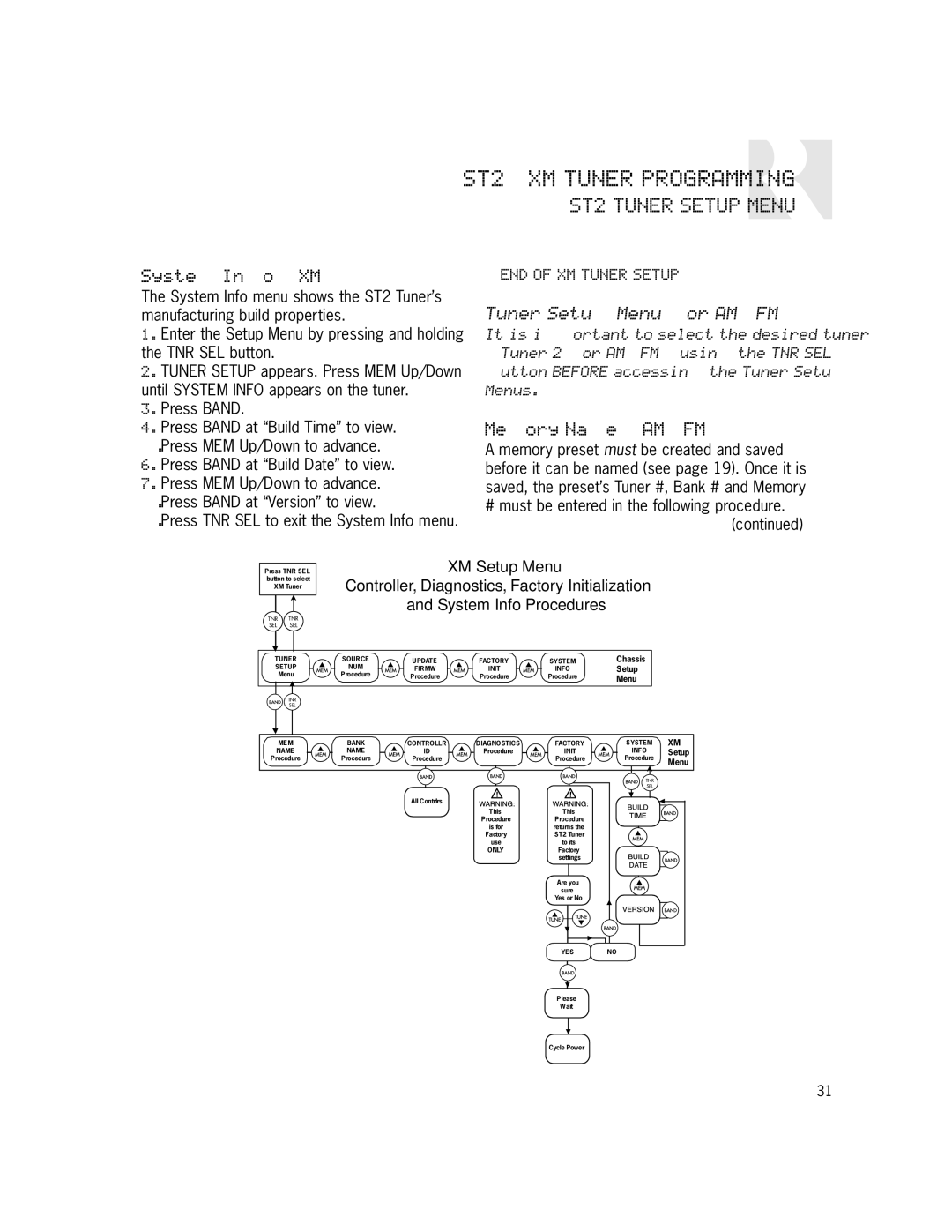 Russound ST2-XM manual System Info XM, Tuner Setup Menu for AM/FM, Memory Name AM/FM 