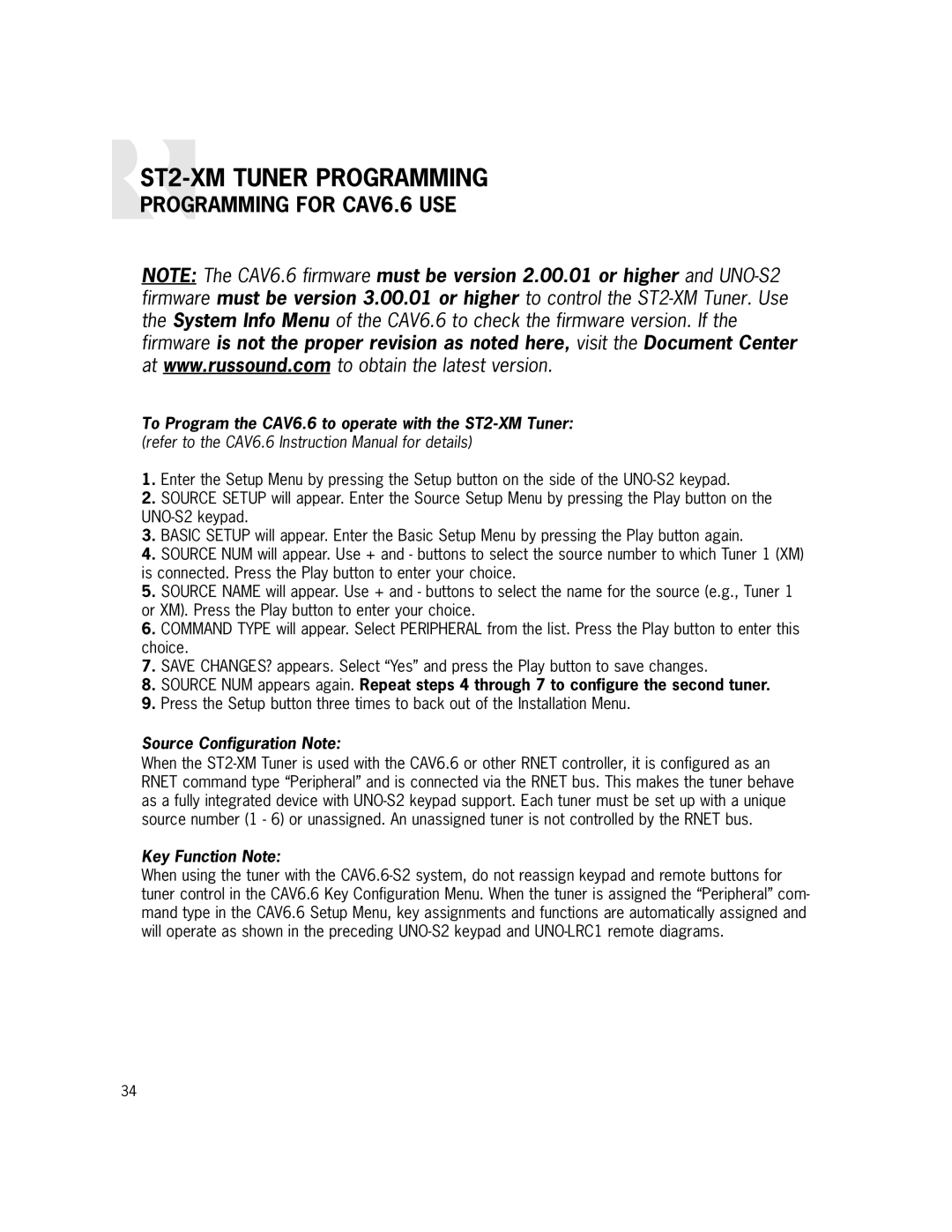 Russound ST2-XM manual Programming for CAV6.6 USE, Source Configuration Note 