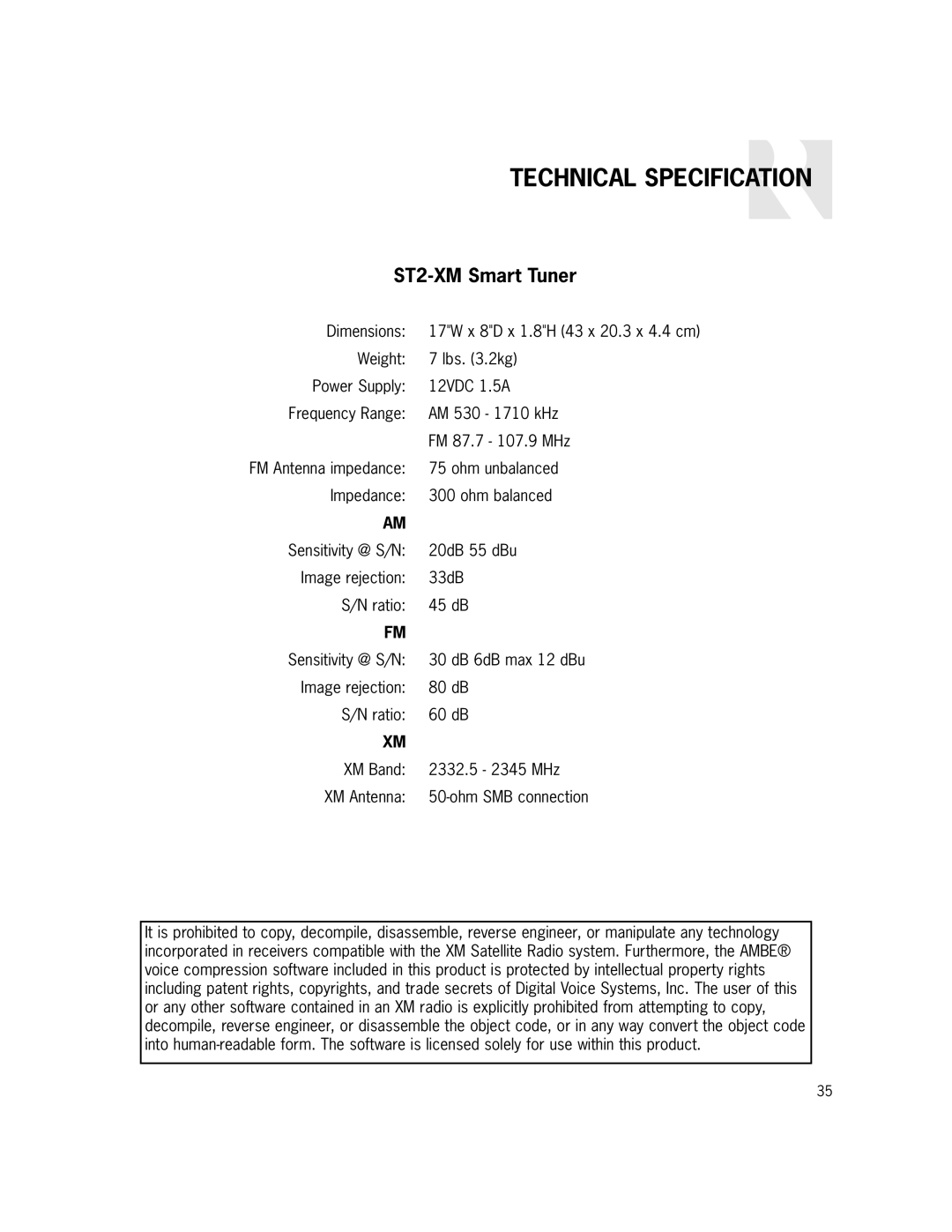 Russound manual Technical Specification, ST2-XM Smart Tuner 