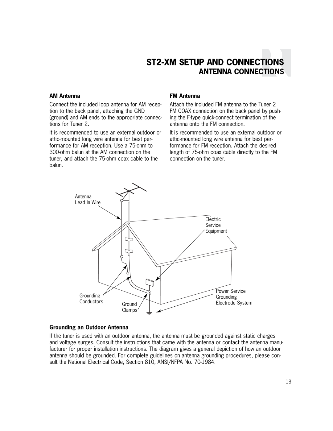 Russound ST2-XMSETUP AND CONNECTIONS, Antenna Connections, AM Antenna, FM Antenna, Grounding an Outdoor Antenna, Clamps 