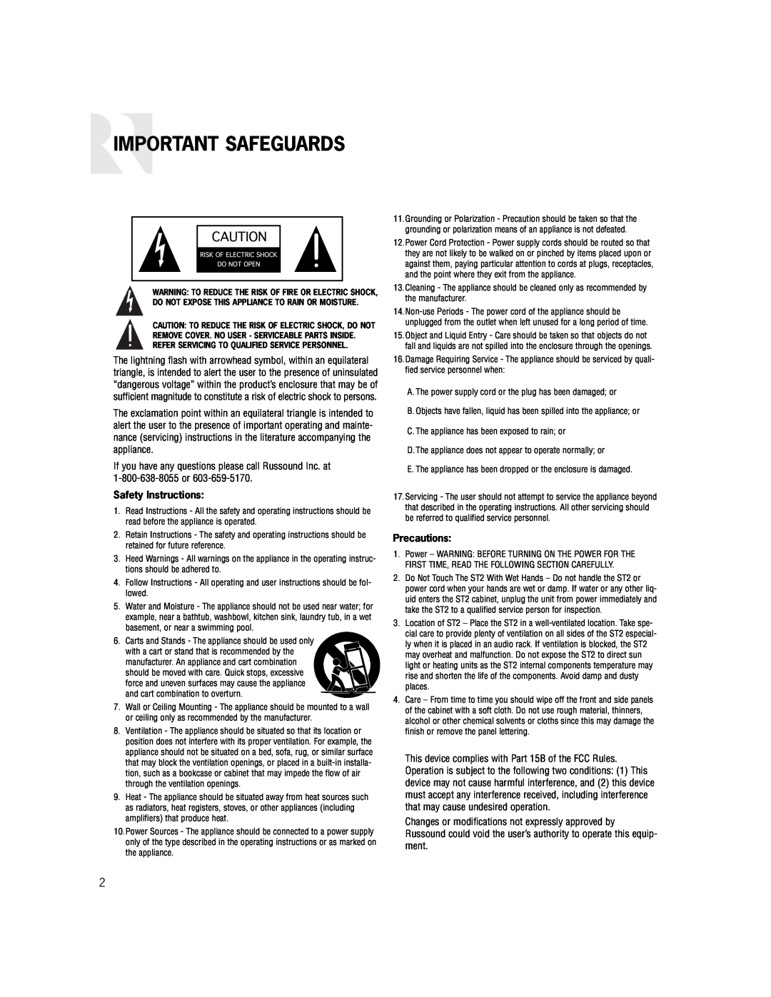 Russound ST2-XM manual Important Safeguards, Safety Instructions, Precautions 