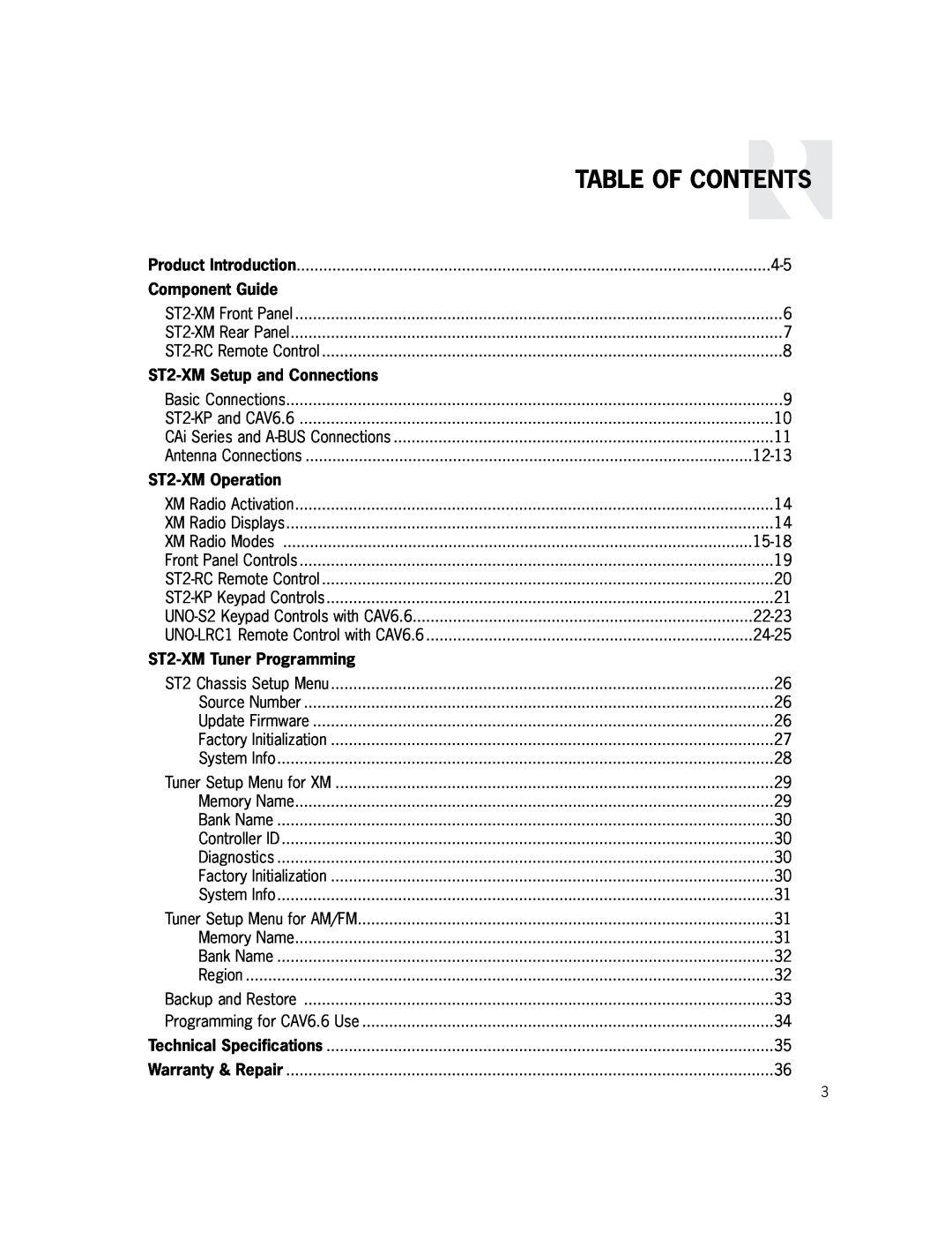 Russound Table Of Contents, Component Guide, ST2-XMSetup and Connections, ST2-XMOperation, ST2-XMTuner Programming 