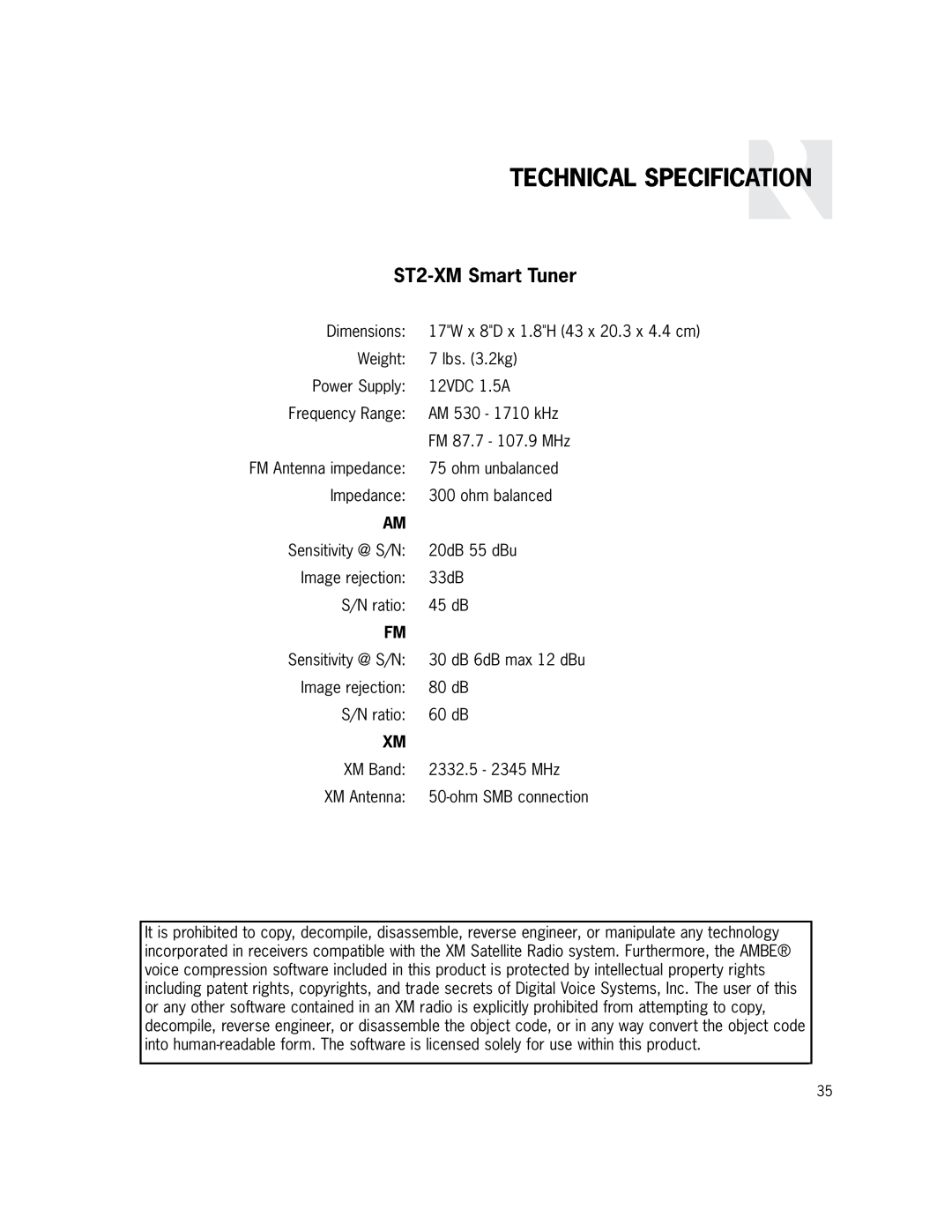 Russound manual Technical Specification, ST2-XMSmart Tuner 