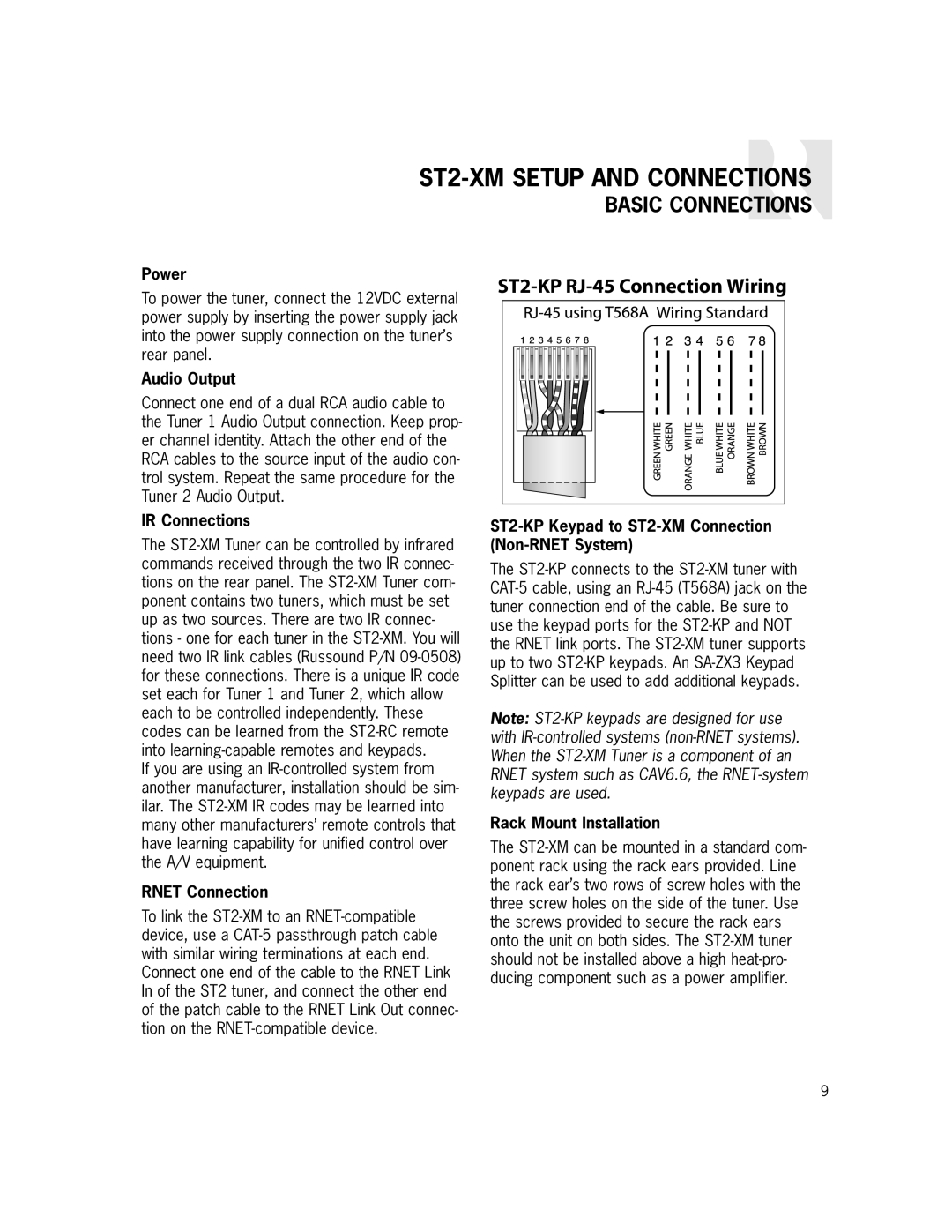 Russound manual ST2-XMSETUP AND CONNECTIONS, Basic Connections, ST2-KP RJ-45Connection Wiring 