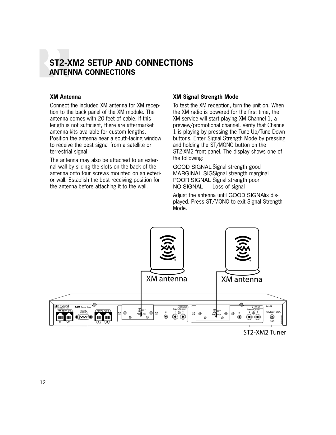 Russound ST2-XM2 manual Antenna Connections, XM Antenna, XM Signal Strength Mode 