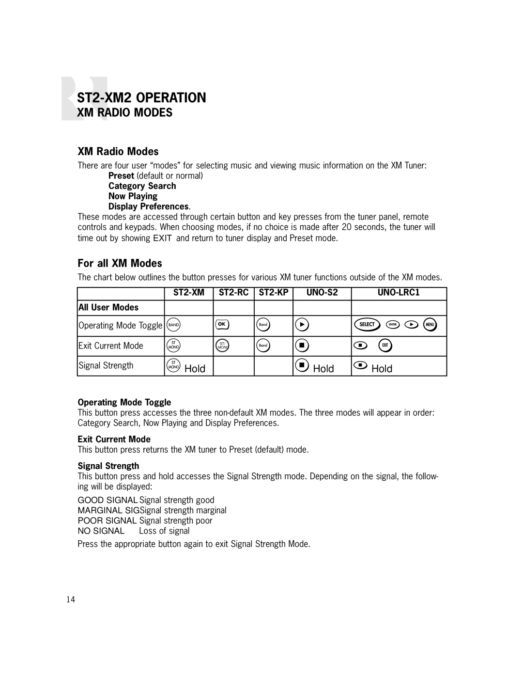 Russound ST2-XM2 manual XM Radio Modes, For all XM Modes 