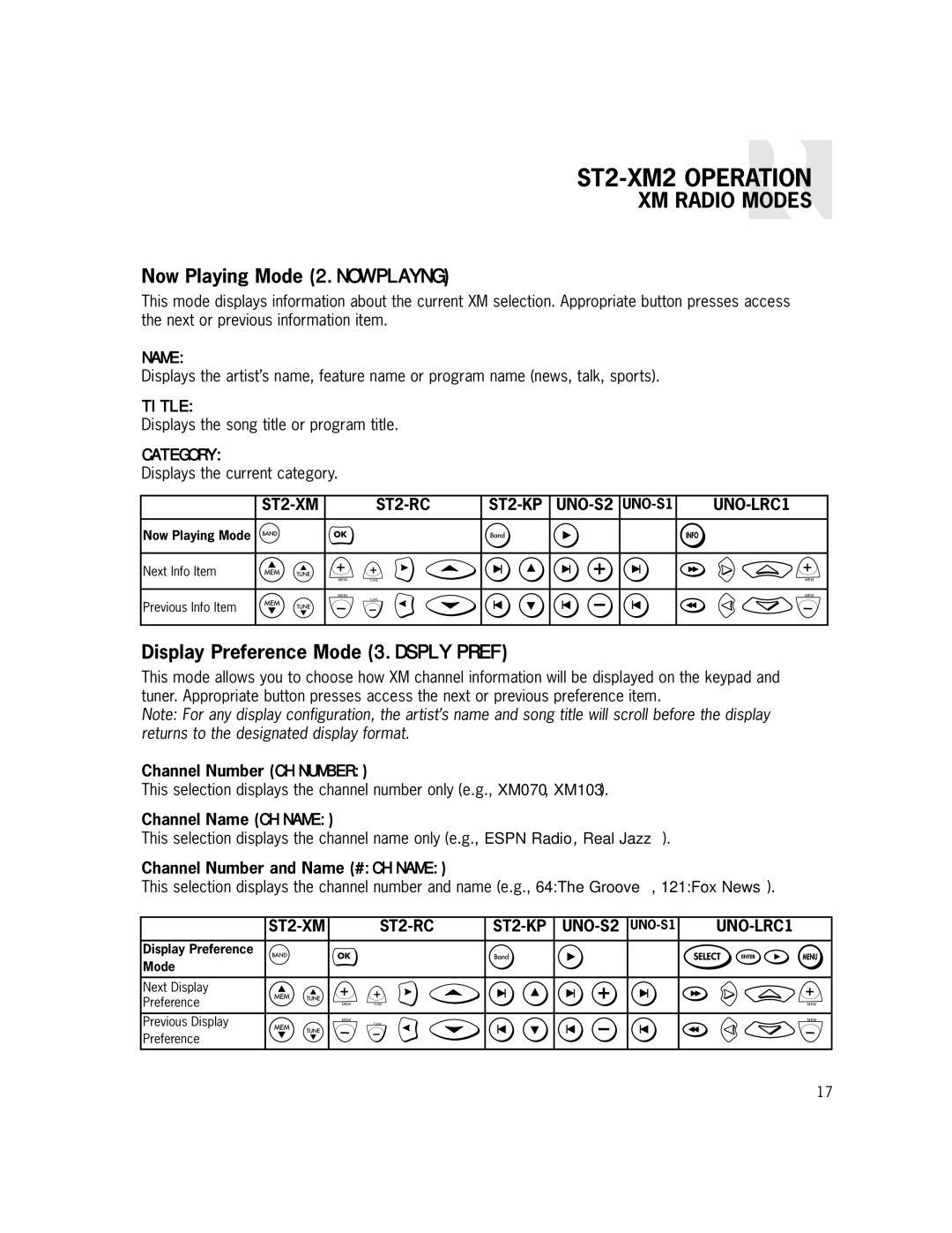 Russound ST2-XM2 manual Now Playing Mode 2.NOW Playng, Display Preference Mode 3.DSPLY Pref 