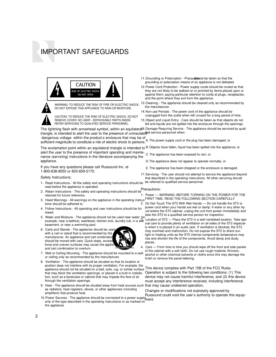 Russound ST2-XM2 manual Important Safeguards, Safety Instructions 