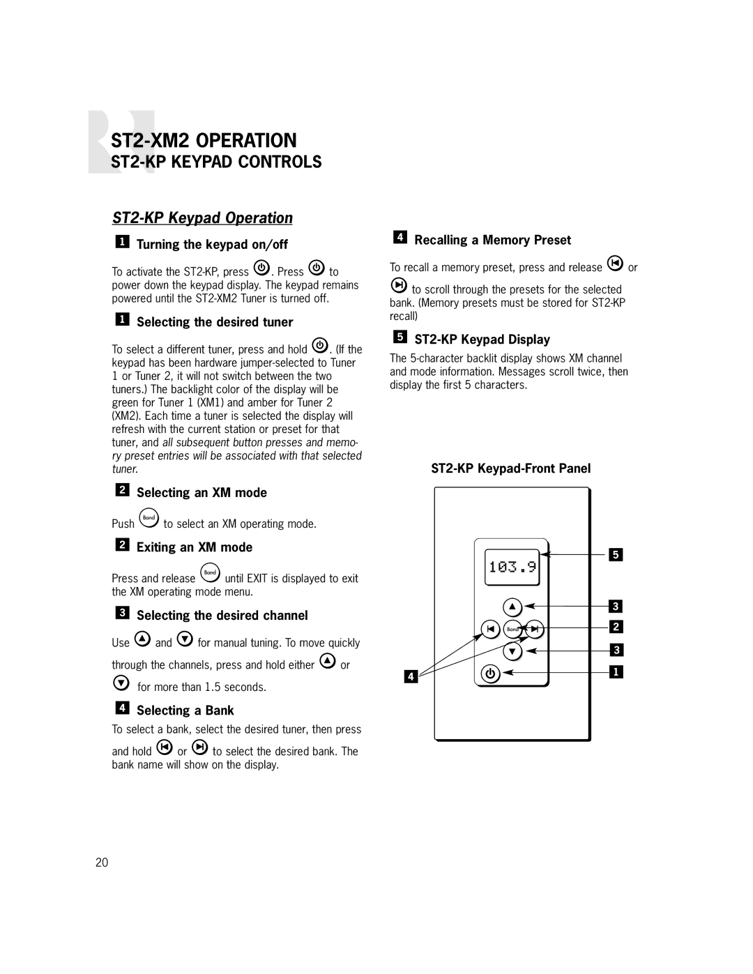 Russound ST2-XM2 manual ST2-KP Keypad Controls, ST2-KP Keypad Operation 