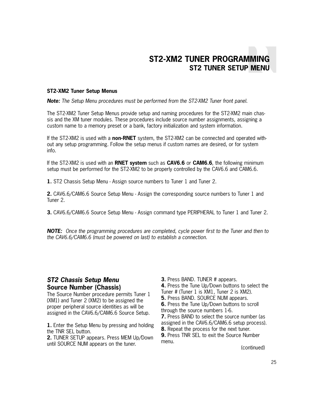 Russound manual ST2-XM2 Tuner Programming, ST2 Tuner Setup Menu, ST2 Chassis Setup Menu, Source Number Chassis 