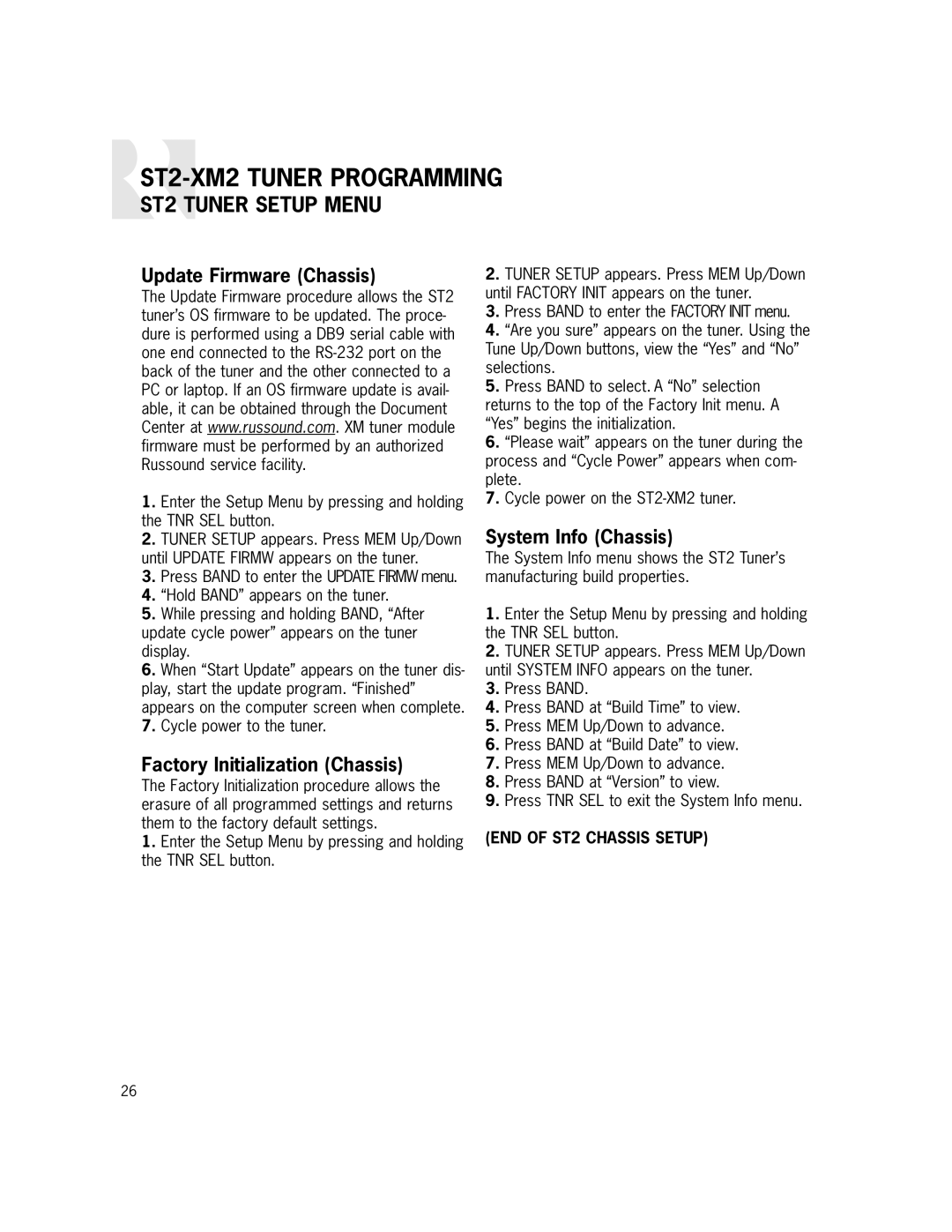 Russound ST2-XM2 manual Update Firmware Chassis, Factory Initialization Chassis, System Info Chassis 