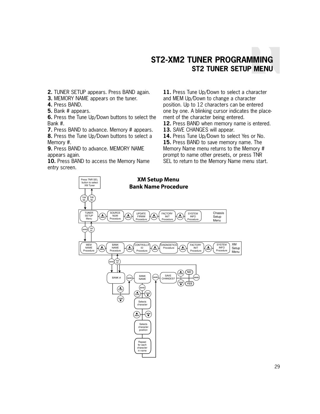 Russound ST2-XM2 manual XM Setup Menu Bank Name Procedure 