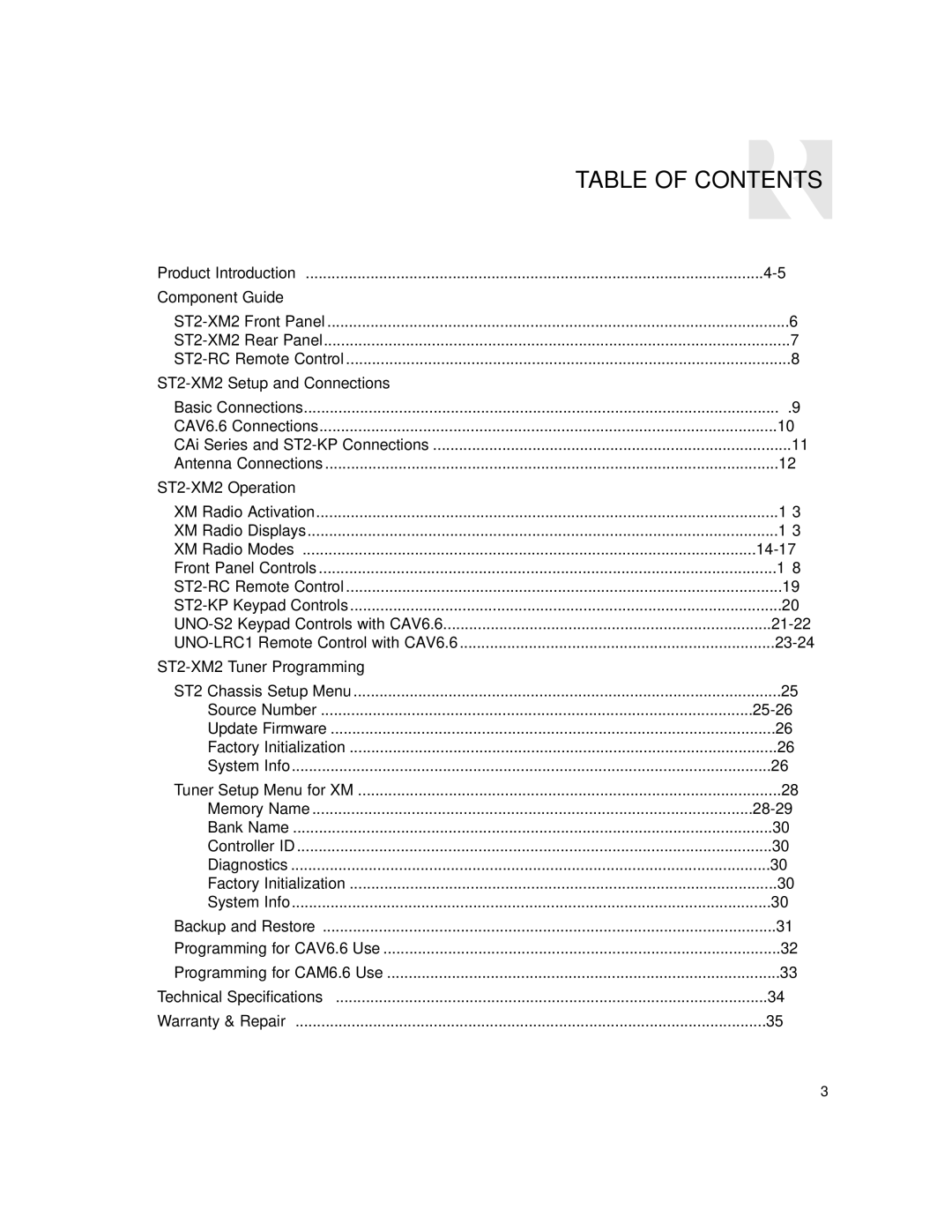 Russound ST2-XM2 manual Table of Contents 