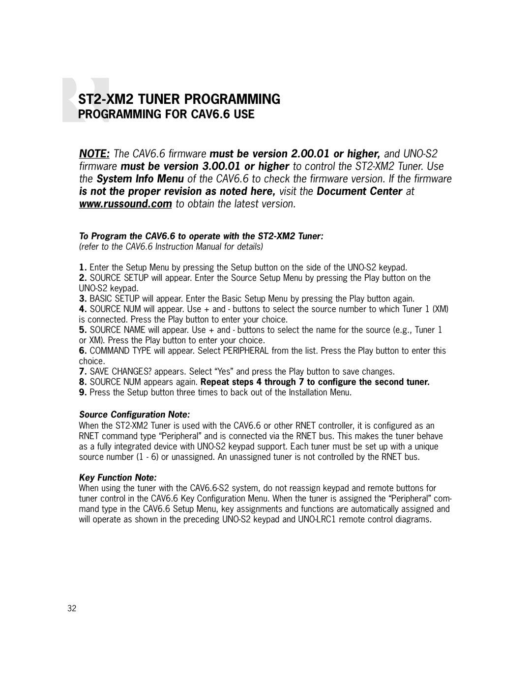 Russound ST2-XM2 manual Programming for CAV6.6 USE, Source Configuration Note 