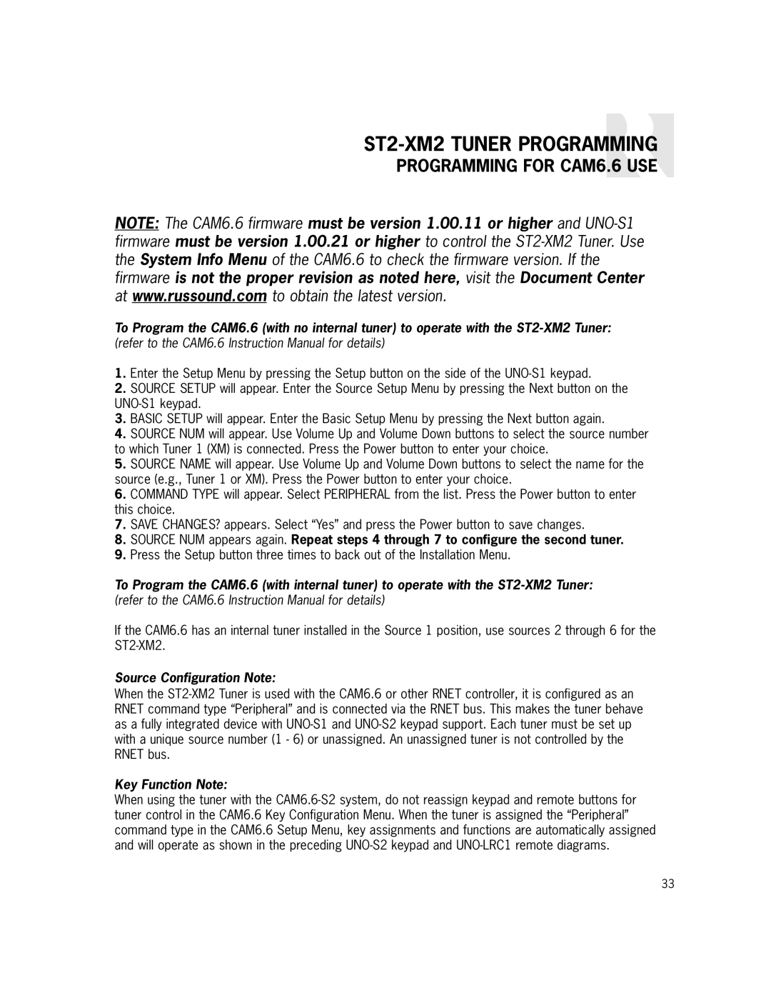 Russound ST2-XM2 manual Programming for CAM6.6 USE 