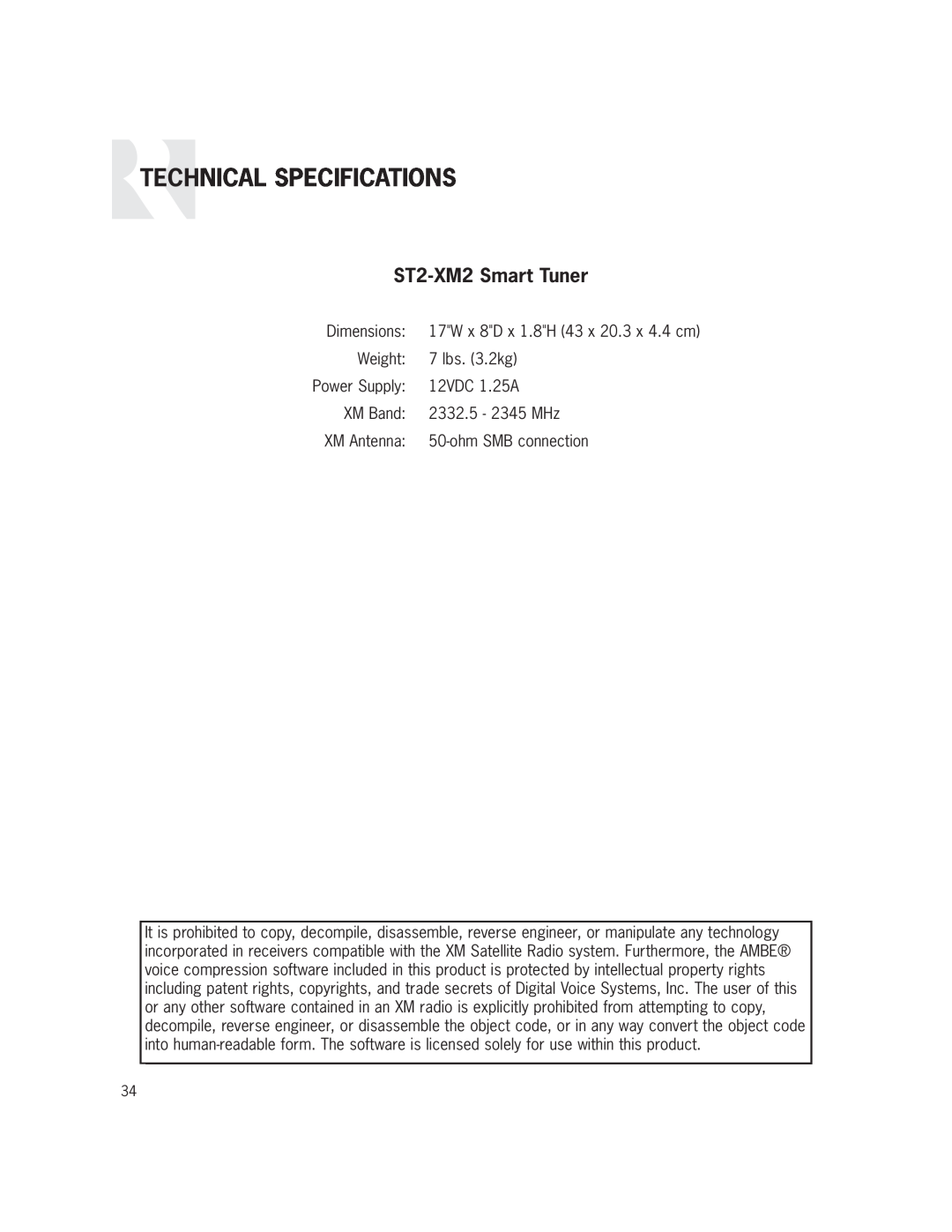 Russound manual Technical Specifications, ST2-XM2Smart Tuner 