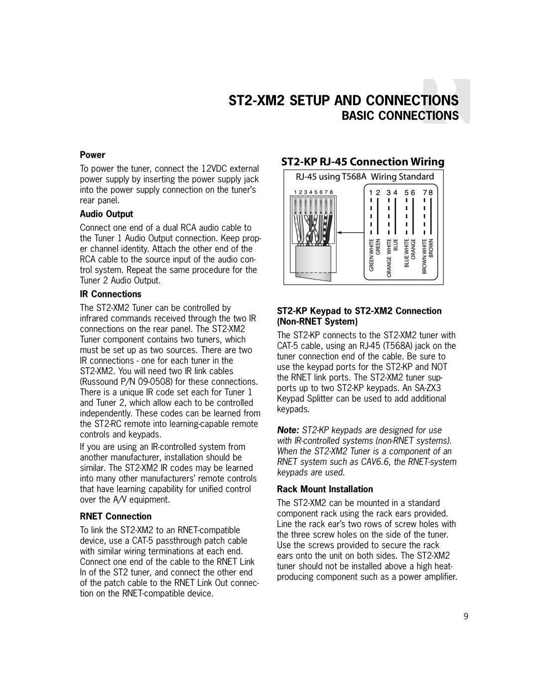 Russound manual ST2-XM2SETUP AND CONNECTIONS, Basic Connections, ST2-KP RJ-45Connection Wiring, Power, Audio Output 