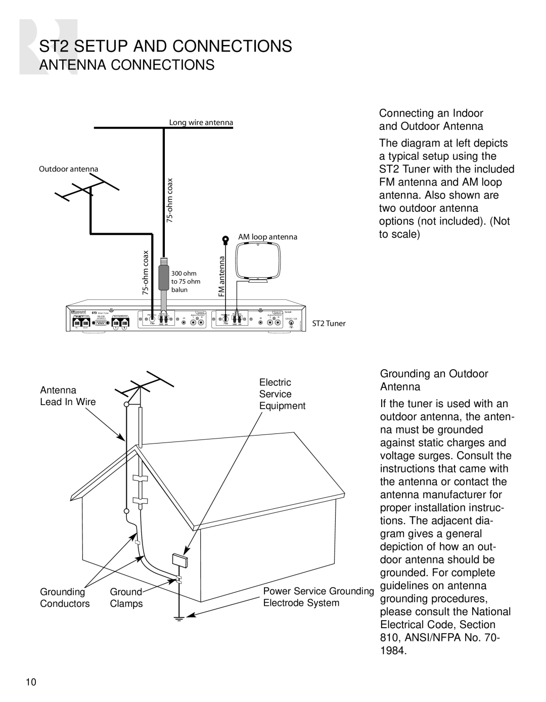 Russound ST2 instruction manual Antenna Connections, Connecting an Indoor and Outdoor Antenna, Grounding an Outdoor Antenna 