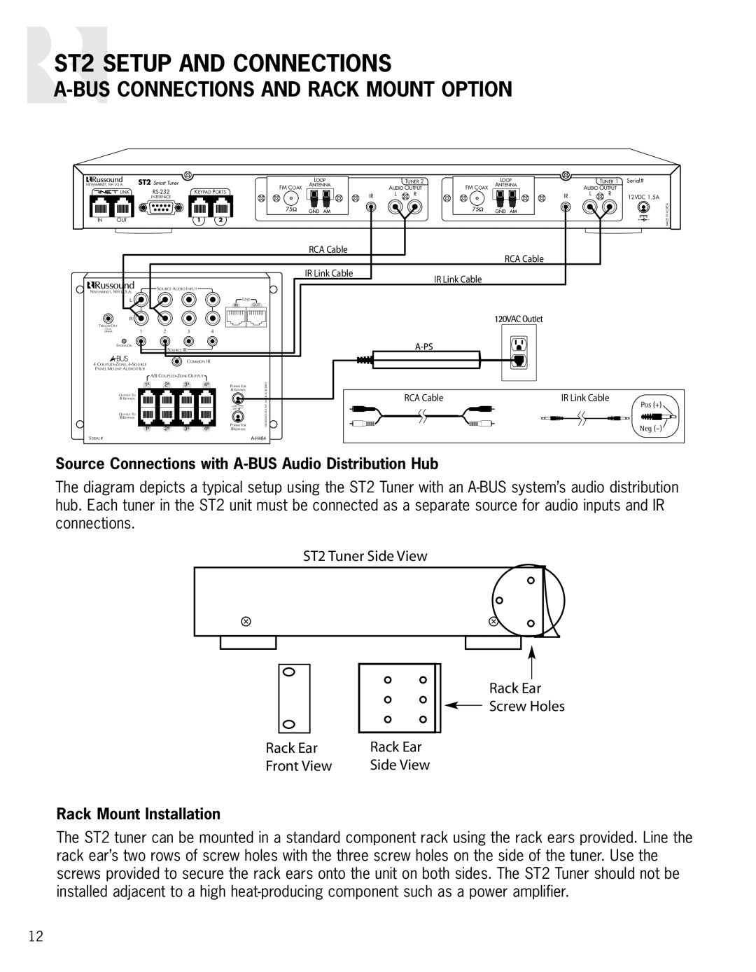 Russound ST2 instruction manual BUS Connections and Rack Mount Option, Source Connections with A-BUS Audio Distribution Hub 