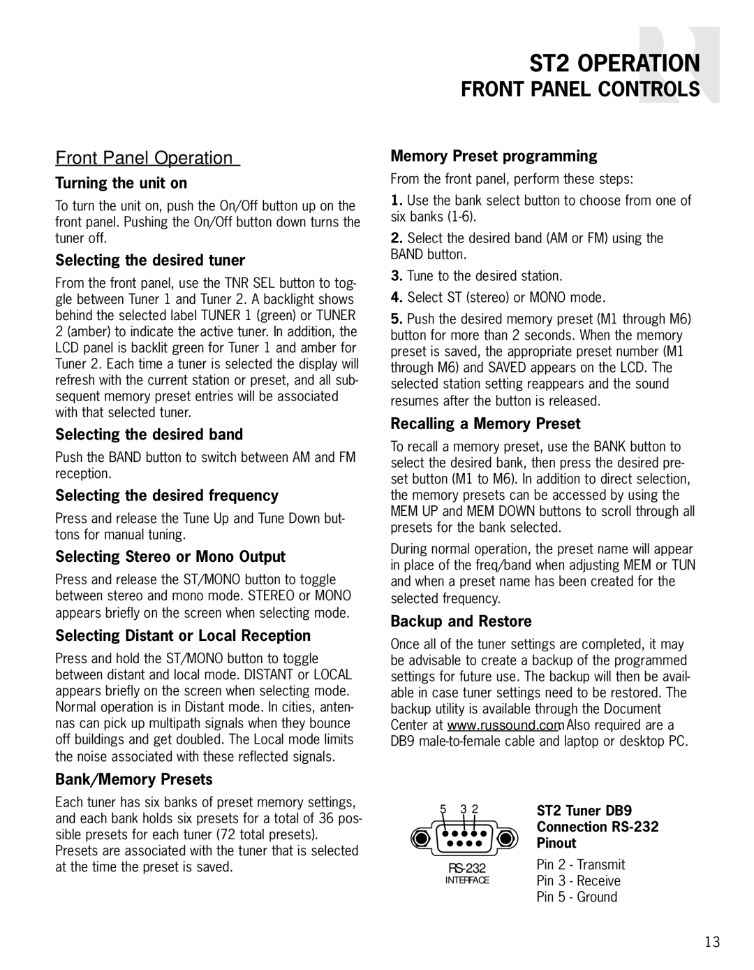 Russound instruction manual ST2 Operation, Front Panel Controls, Front Panel Operation 