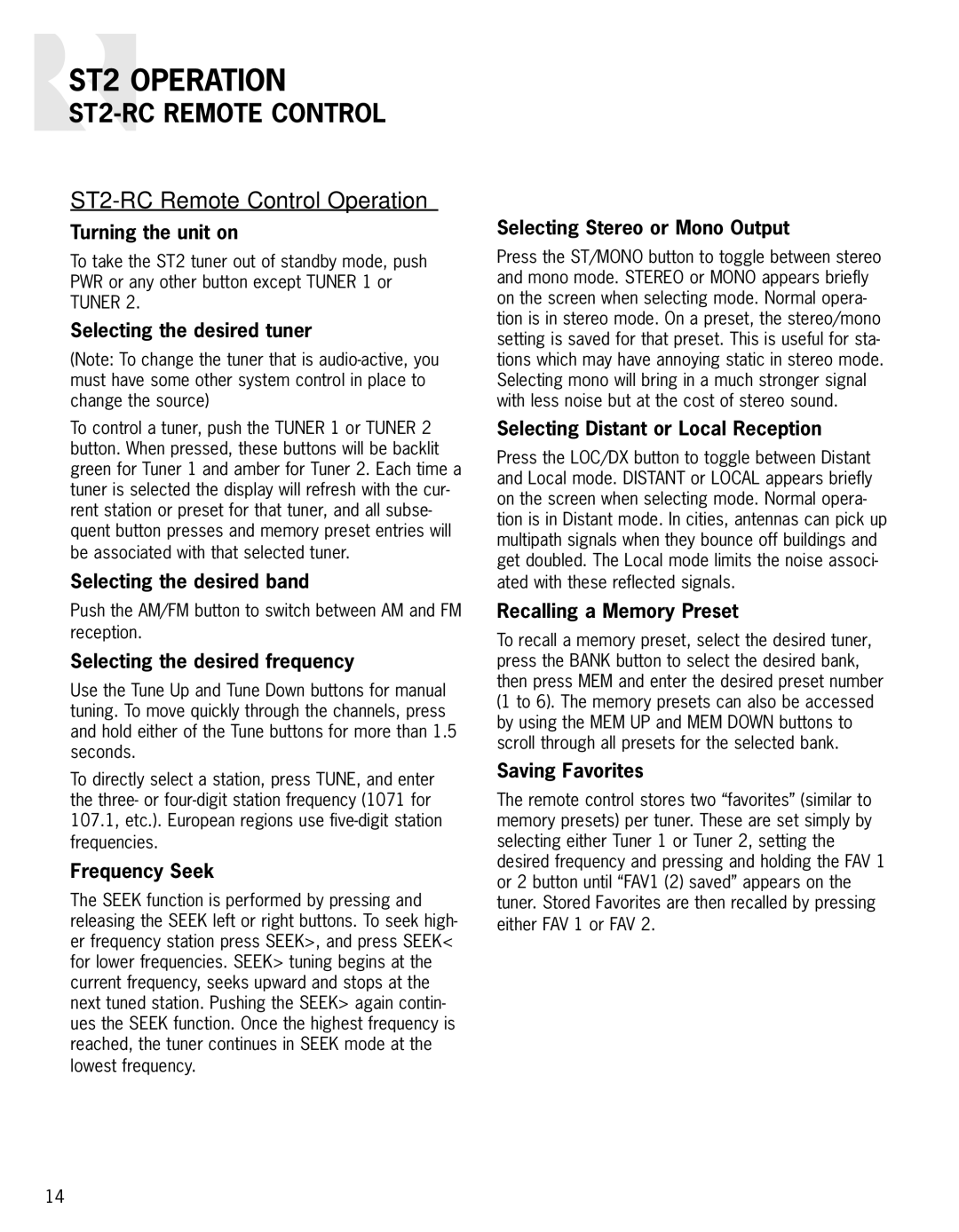 Russound instruction manual ST2-RC Remote Control Operation, Frequency Seek, Saving Favorites 