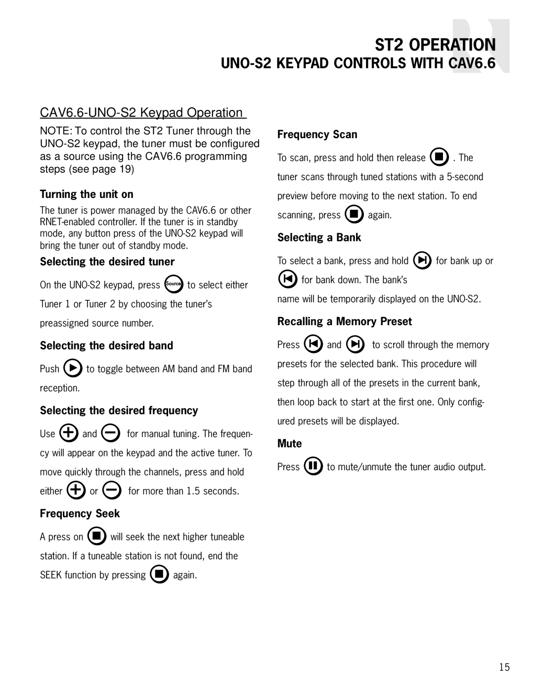 Russound ST2 UNO-S2 Keypad Controls with CAV6.6, CAV6.6-UNO-S2 Keypad Operation, Frequency Scan, Selecting a Bank, Mute 