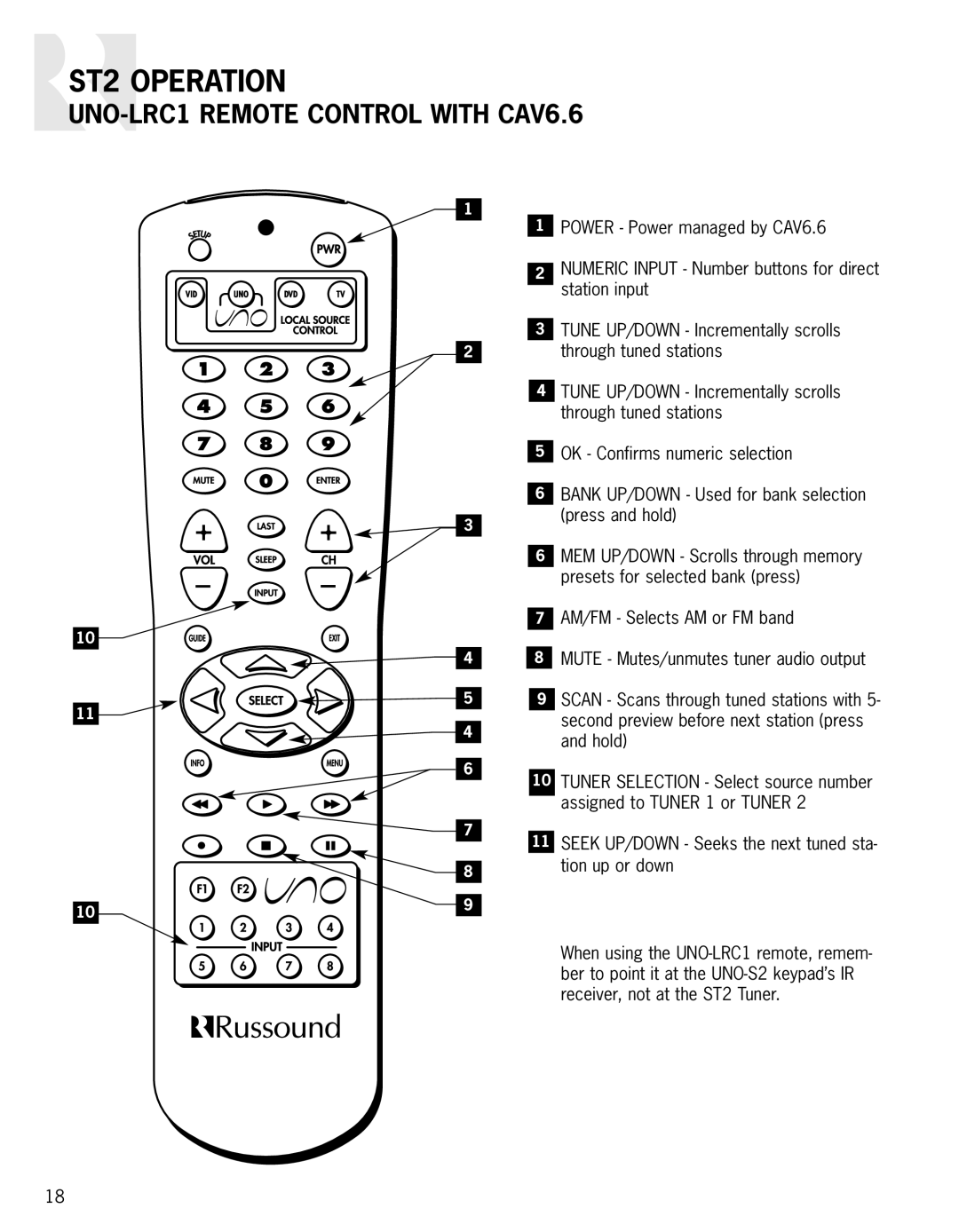 Russound ST2 instruction manual Seek UP/DOWN Seeks the next tuned sta- tion up or down 