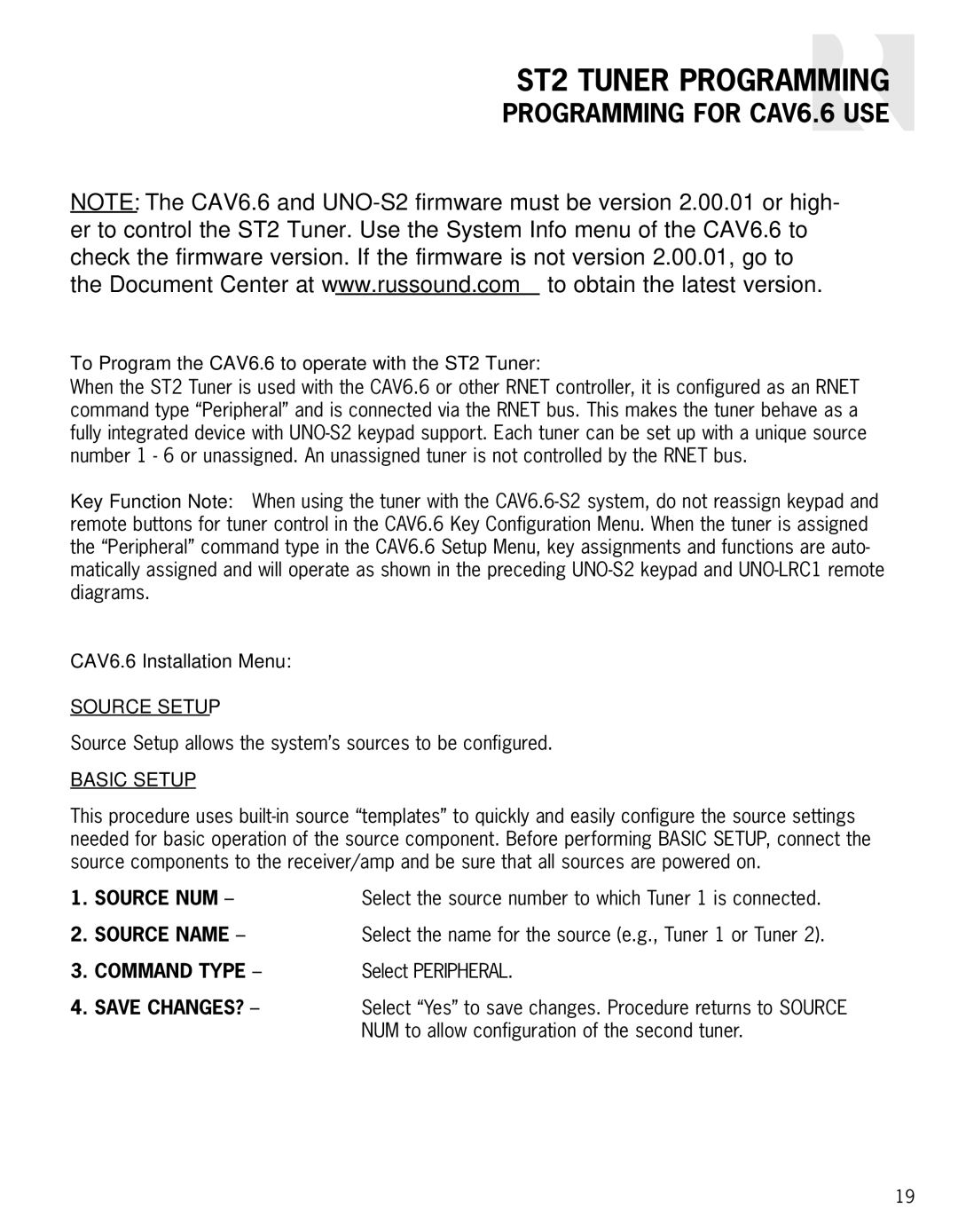 Russound instruction manual ST2 Tuner Programming, Programming for CAV6.6 USE 