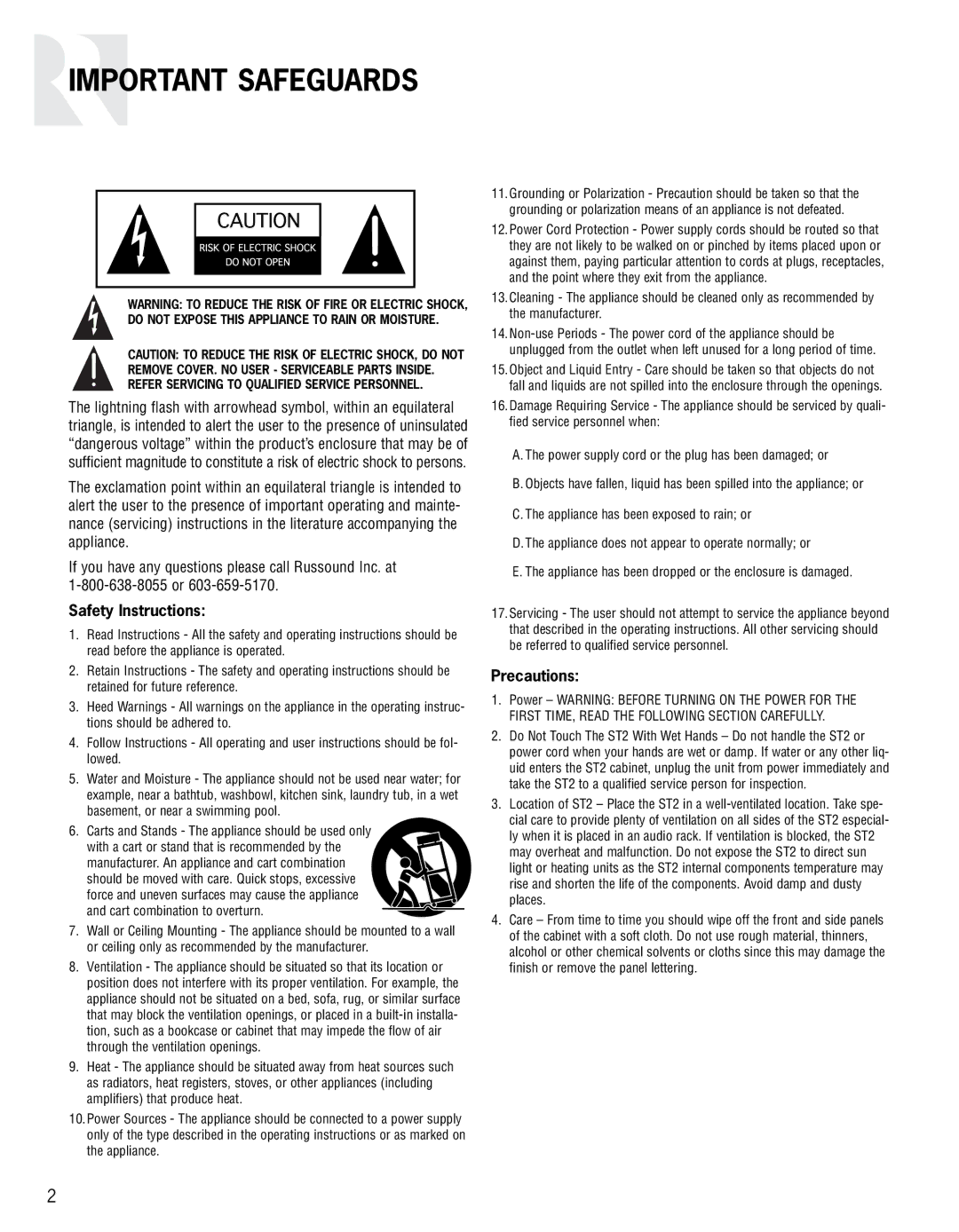 Russound ST2 instruction manual Important Safeguards, Safety Instructions 