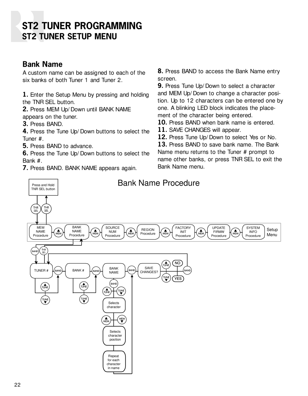 Russound ST2 instruction manual Bank Name Procedure 