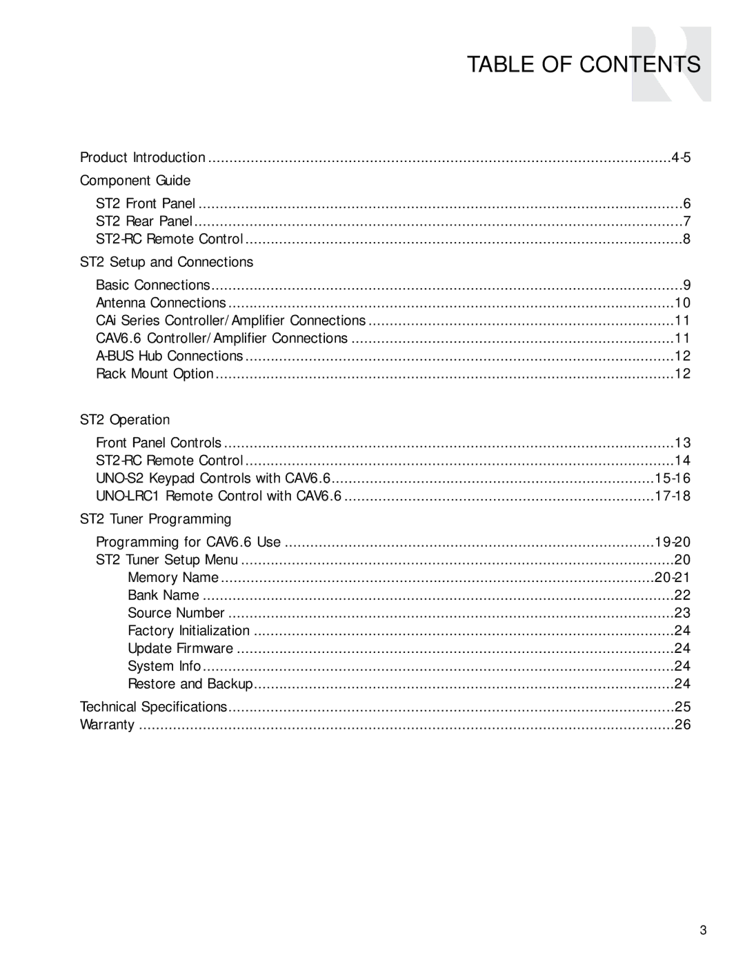 Russound ST2 instruction manual Table of Contents 