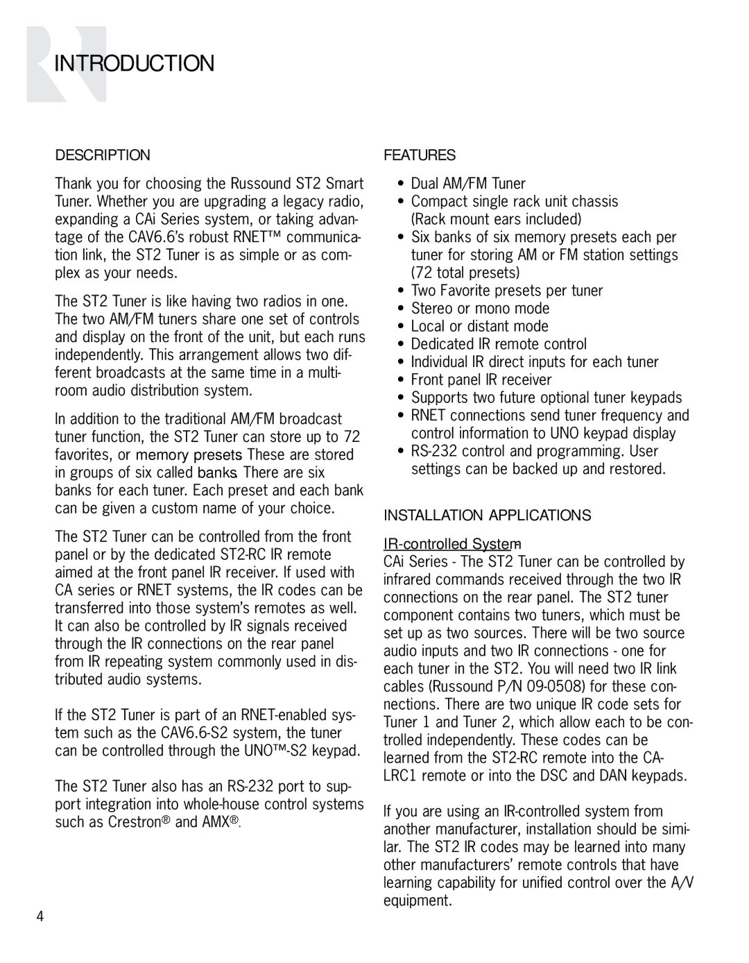 Russound ST2 instruction manual Introduction, Description 