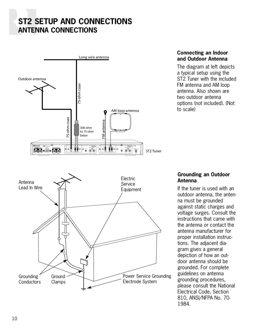 Russound ST2 instruction manual Antenna Connections, Connecting an Indoor and Outdoor Antenna, Grounding an Outdoor Antenna 