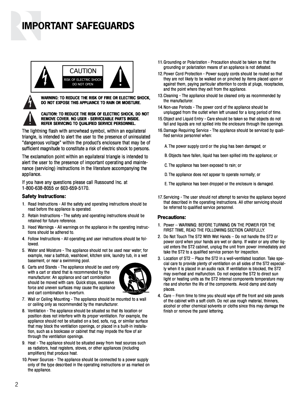 Russound ST2 instruction manual Important Safeguards, Safety Instructions, Precautions 
