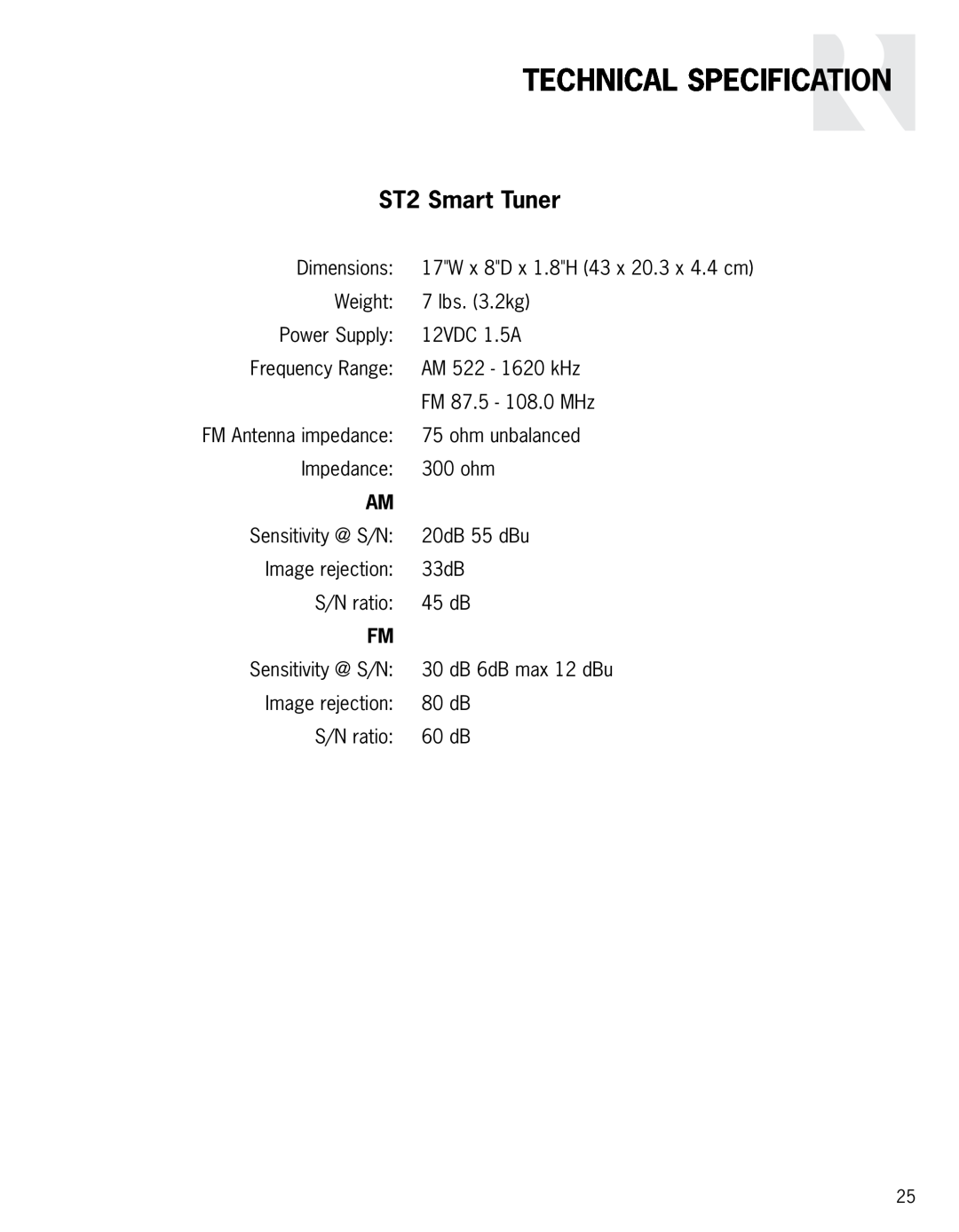 Russound instruction manual Technical Specification, ST2 Smart Tuner 