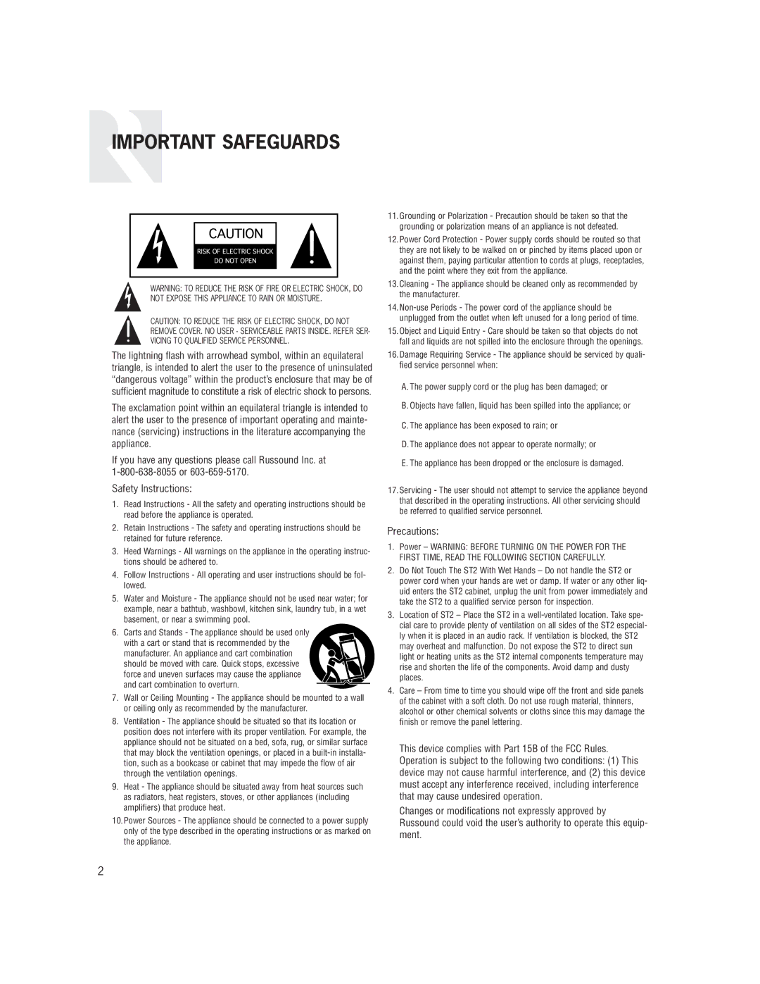 Russound ST2S installation manual Important Safeguards, Precautions 