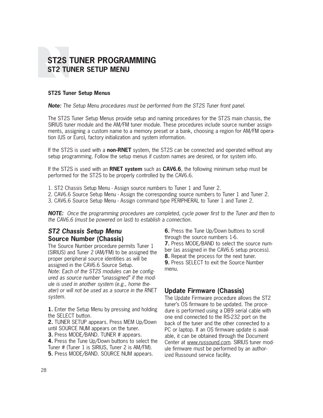 Russound installation manual ST2S Tuner Programming, ST2 Tuner Setup Menu, ST2 Chassis Setup Menu, Source Number Chassis 