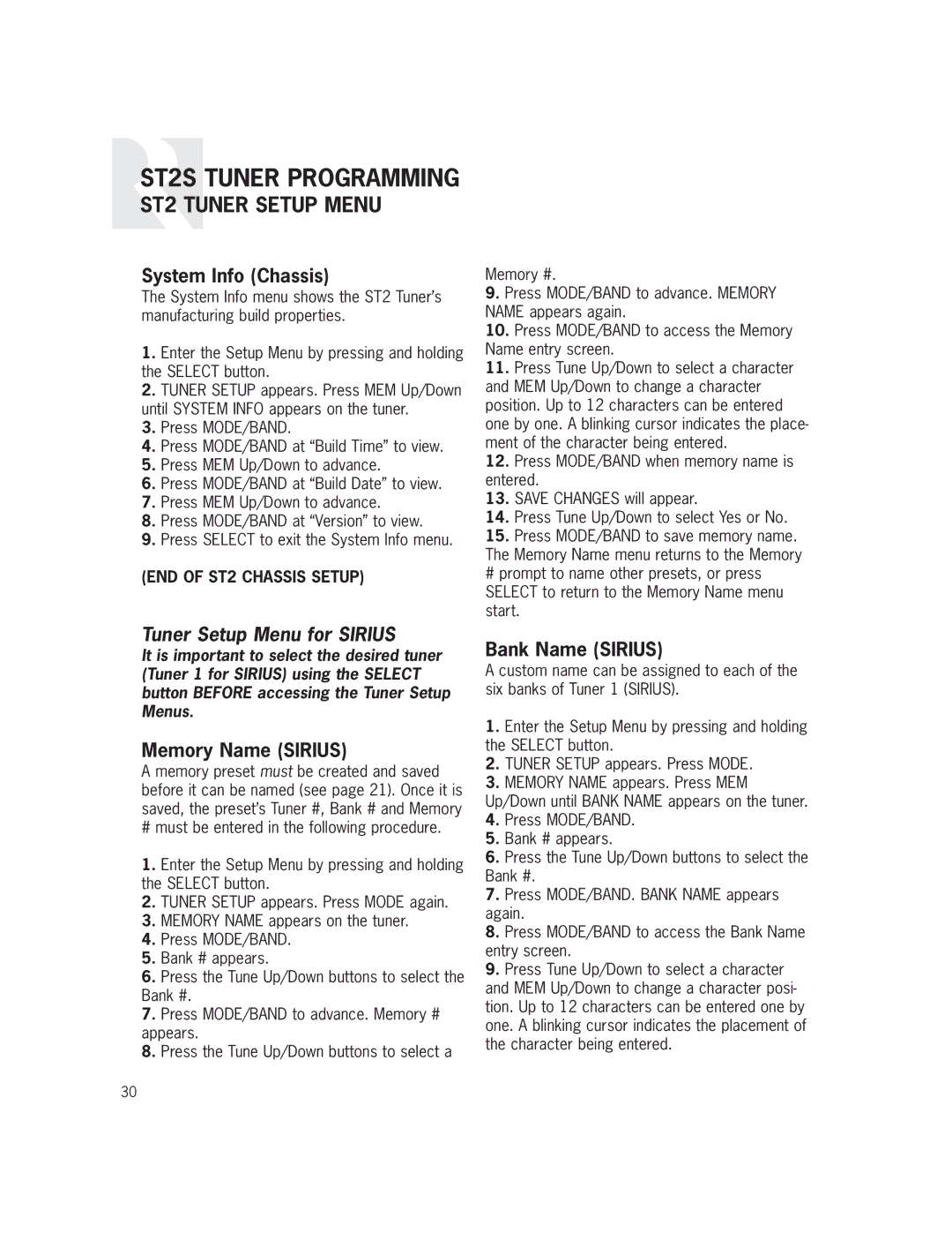 Russound ST2S installation manual System Info Chassis, Tuner Setup Menu for Sirius, Memory Name Sirius, Bank Name Sirius 