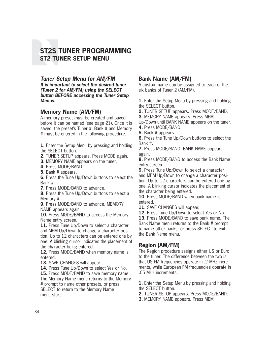 Russound ST2S installation manual Tuner Setup Menu for AM/FM, Memory Name AM/FM, Bank Name AM/FM, Region AM/FM 