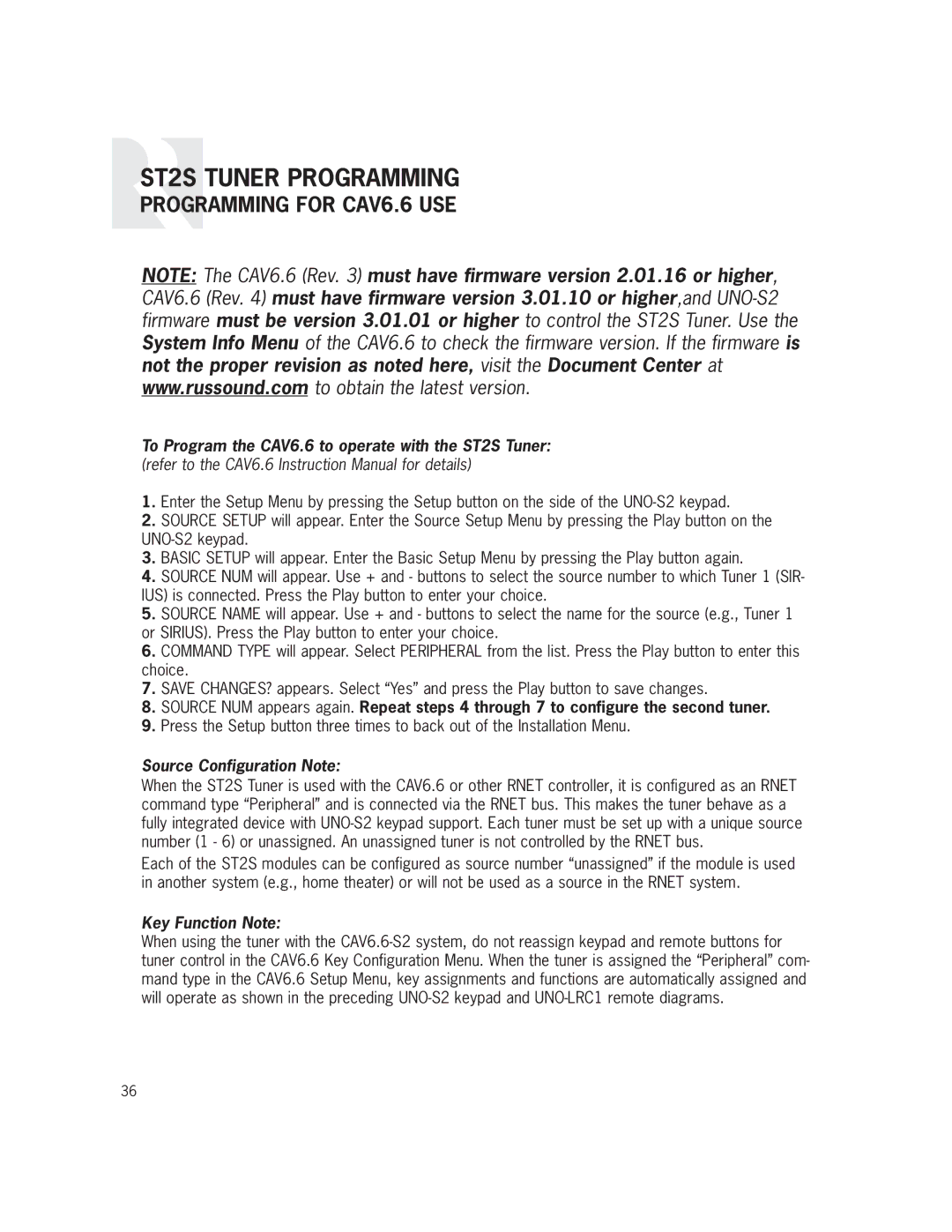 Russound ST2S installation manual Programming for CAV6.6 USE, Source Configuration Note 