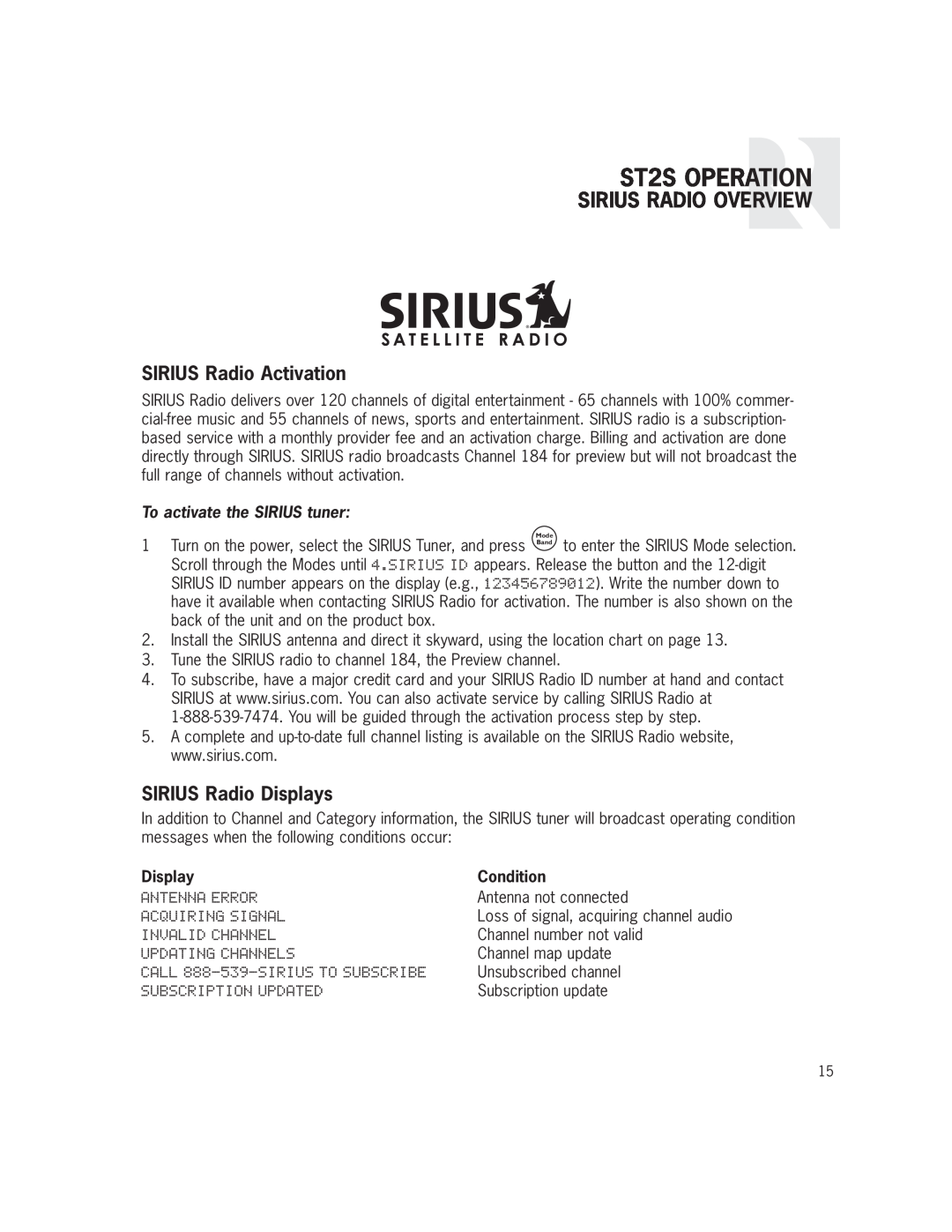 Russound installation manual ST2S OPERATION, Sirius Radio Overview, SIRIUS Radio Activation, SIRIUS Radio Displays 