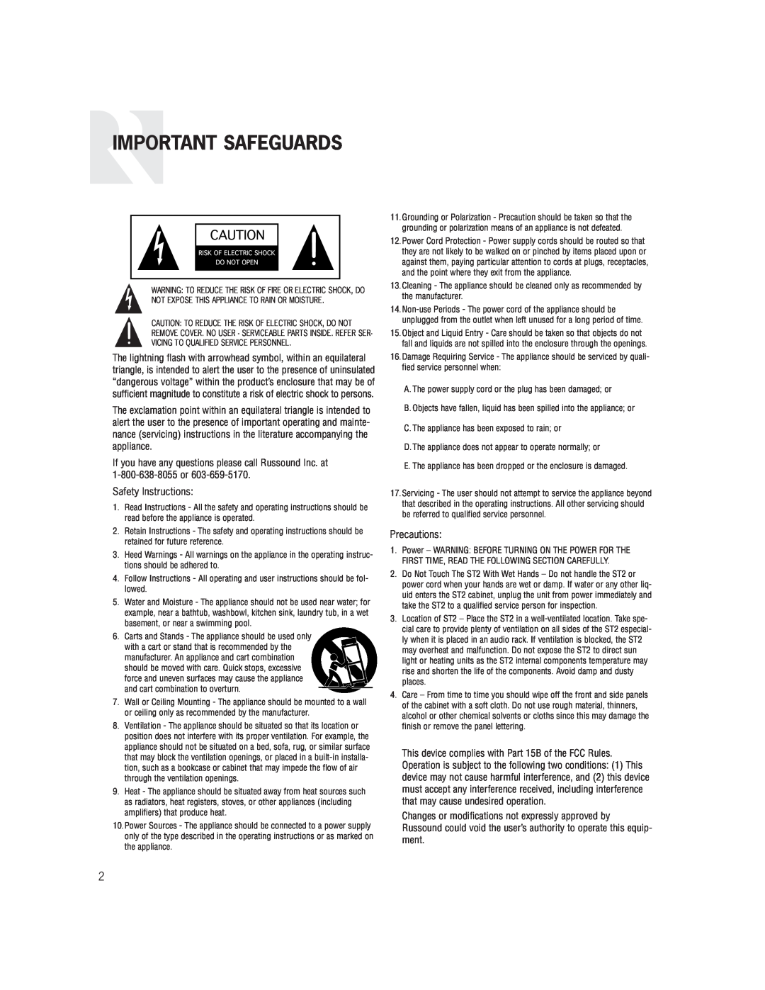 Russound ST2S installation manual Important Safeguards, Safety Instructions, Precautions 