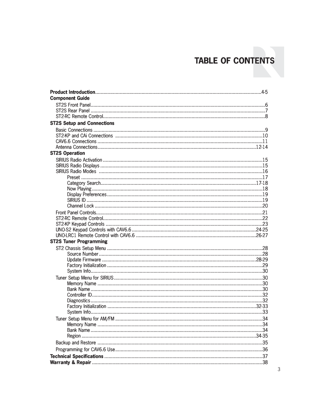 Russound Table Of Contents, Component Guide, ST2S Setup and Connections, ST2S Operation, ST2S Tuner Programming 