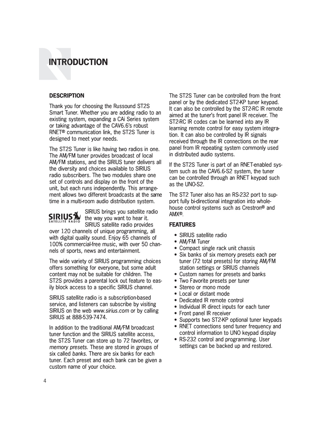 Russound ST2S installation manual Introduction, Description, Features 
