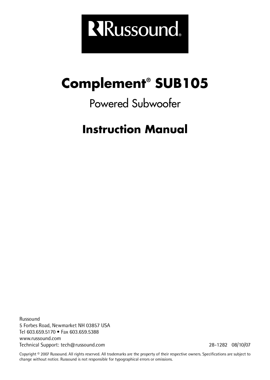 Russound instruction manual Complement SUB105 