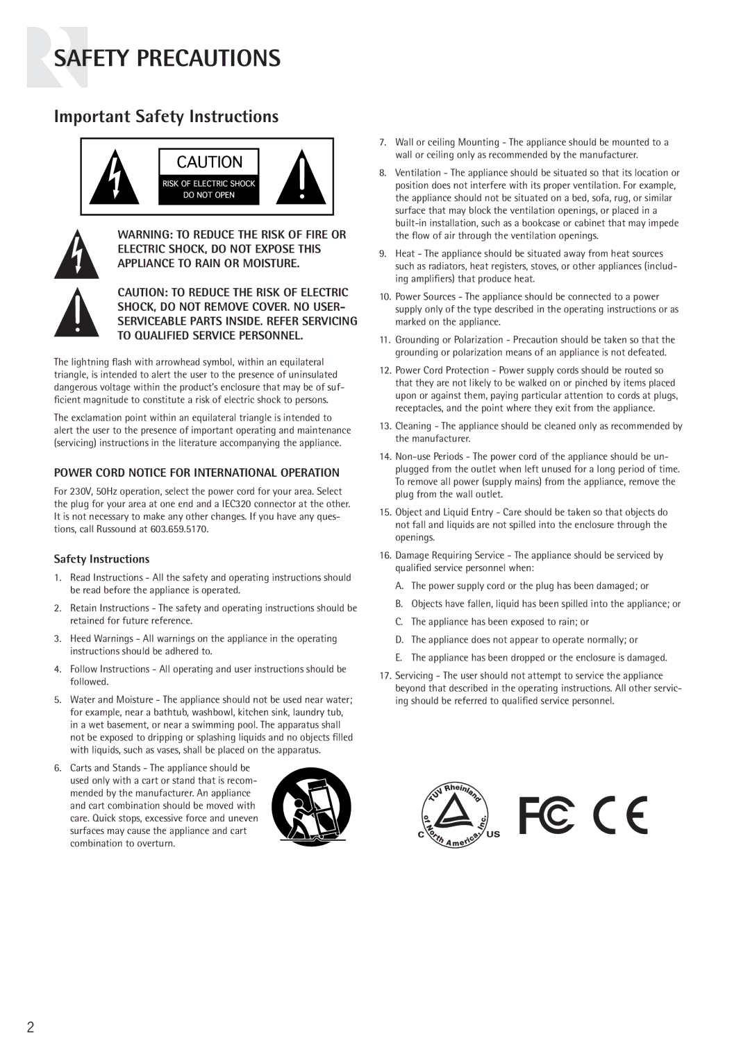 Russound SUB105 instruction manual Safety Precautions, Important Safety Instructions 