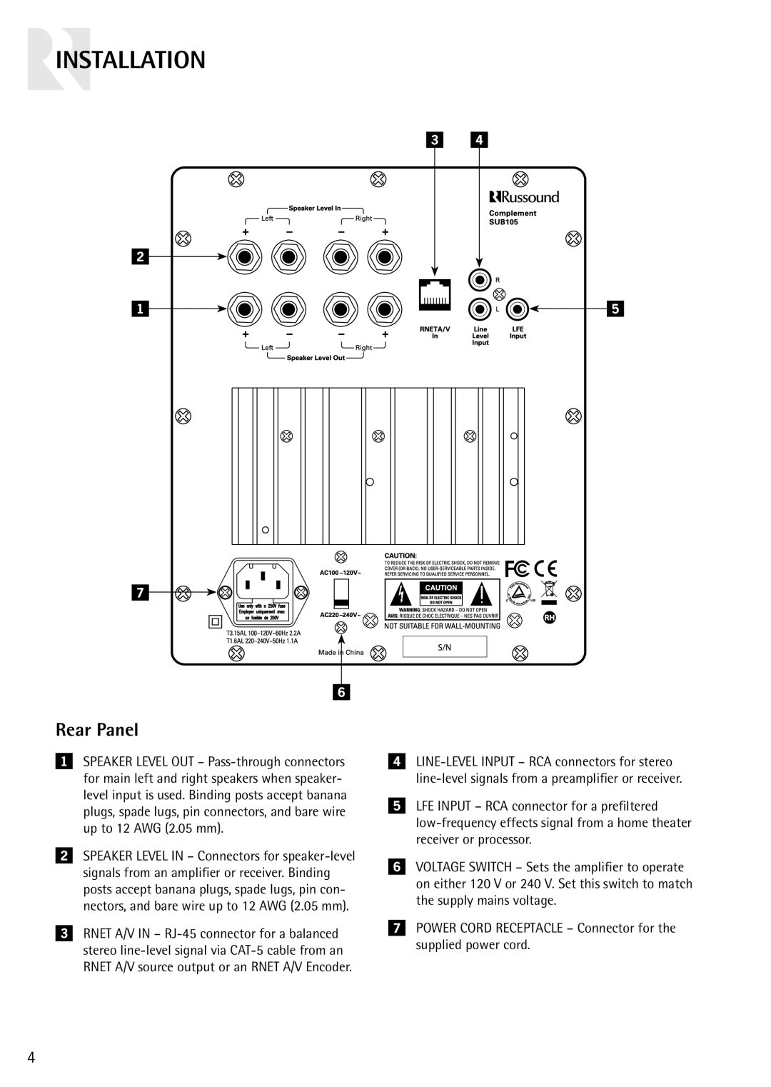 Russound SUB105 instruction manual Installation, Rear Panel 