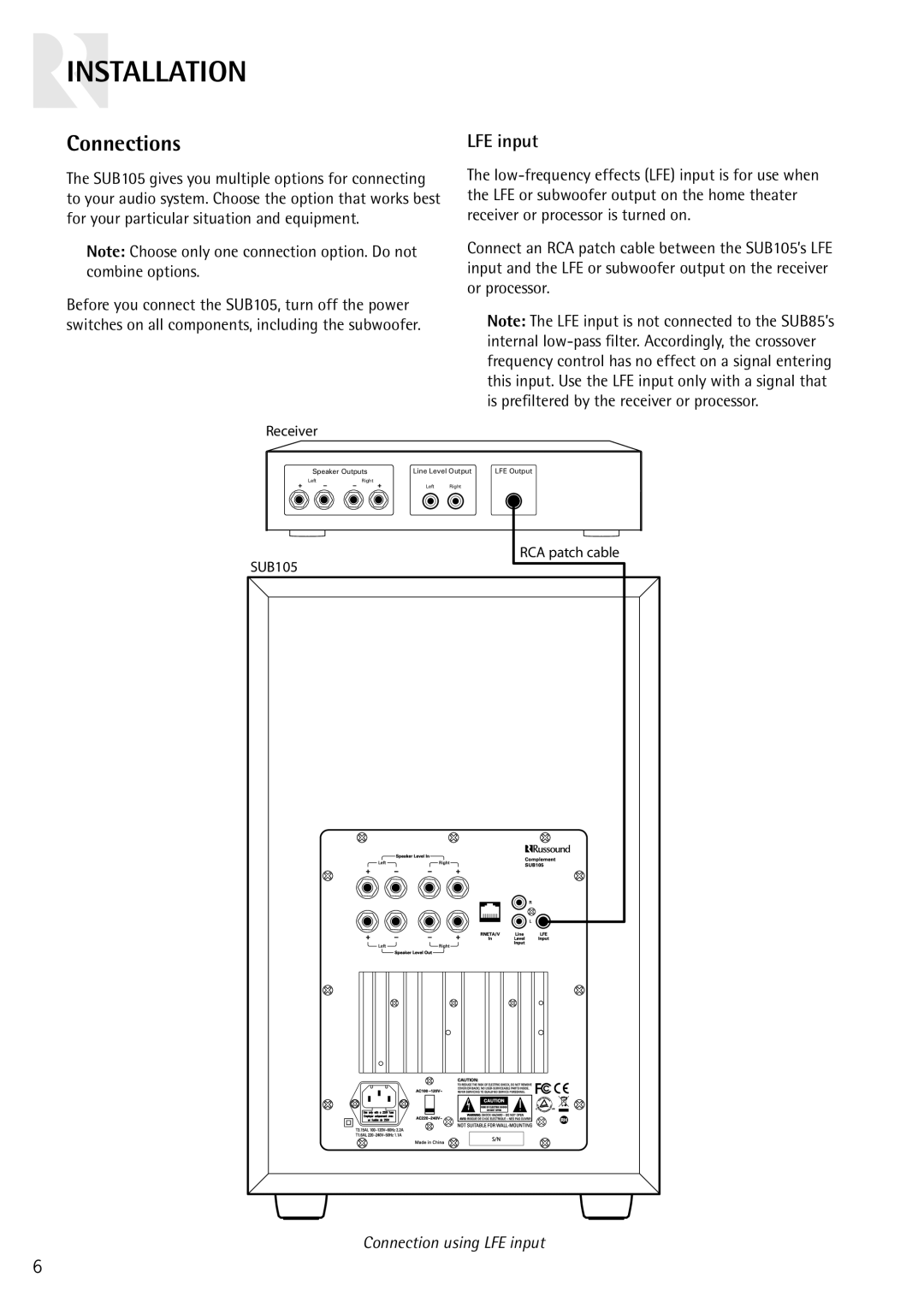 Russound SUB105 instruction manual Connections, LFE input 