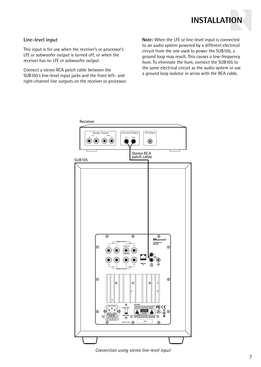 Russound SUB105 instruction manual Line-level input 
