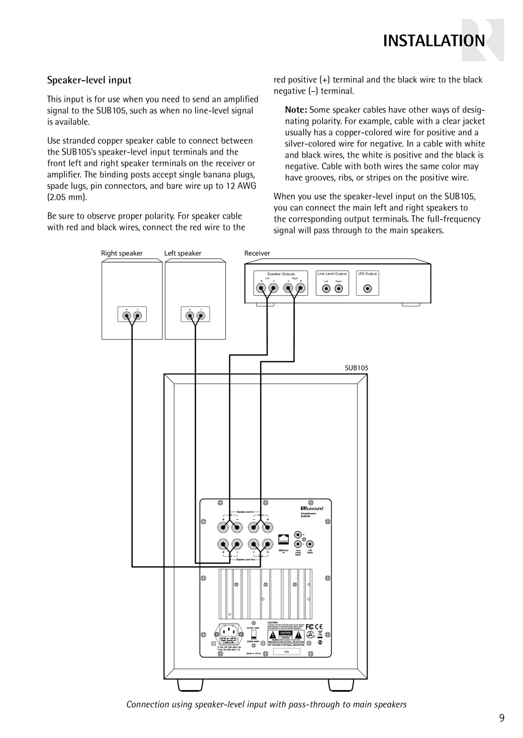 Russound SUB105 instruction manual Speaker-level input 